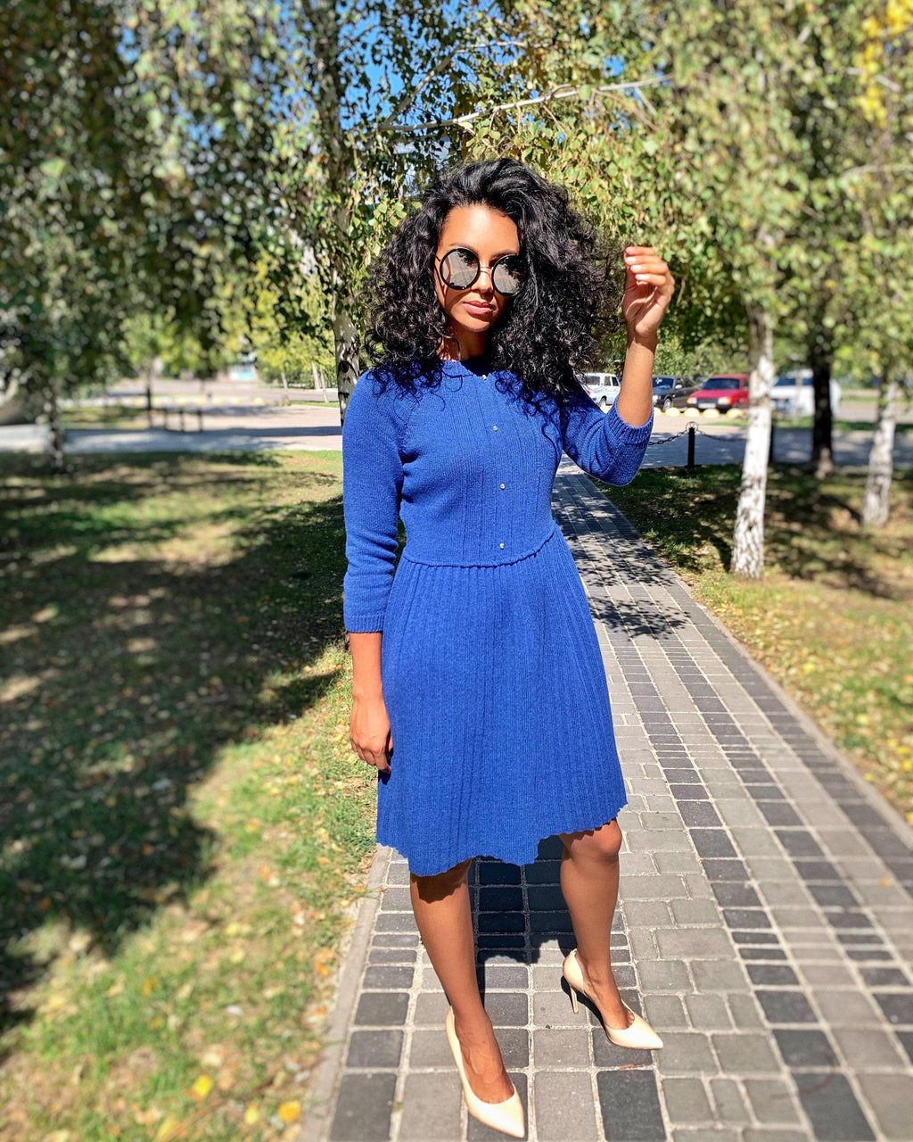 Blue merino knit Jersey dress pleated skirt for women/electric blue knit dress/bright blue wool dress/half sleeve dress/short-sleeved dress