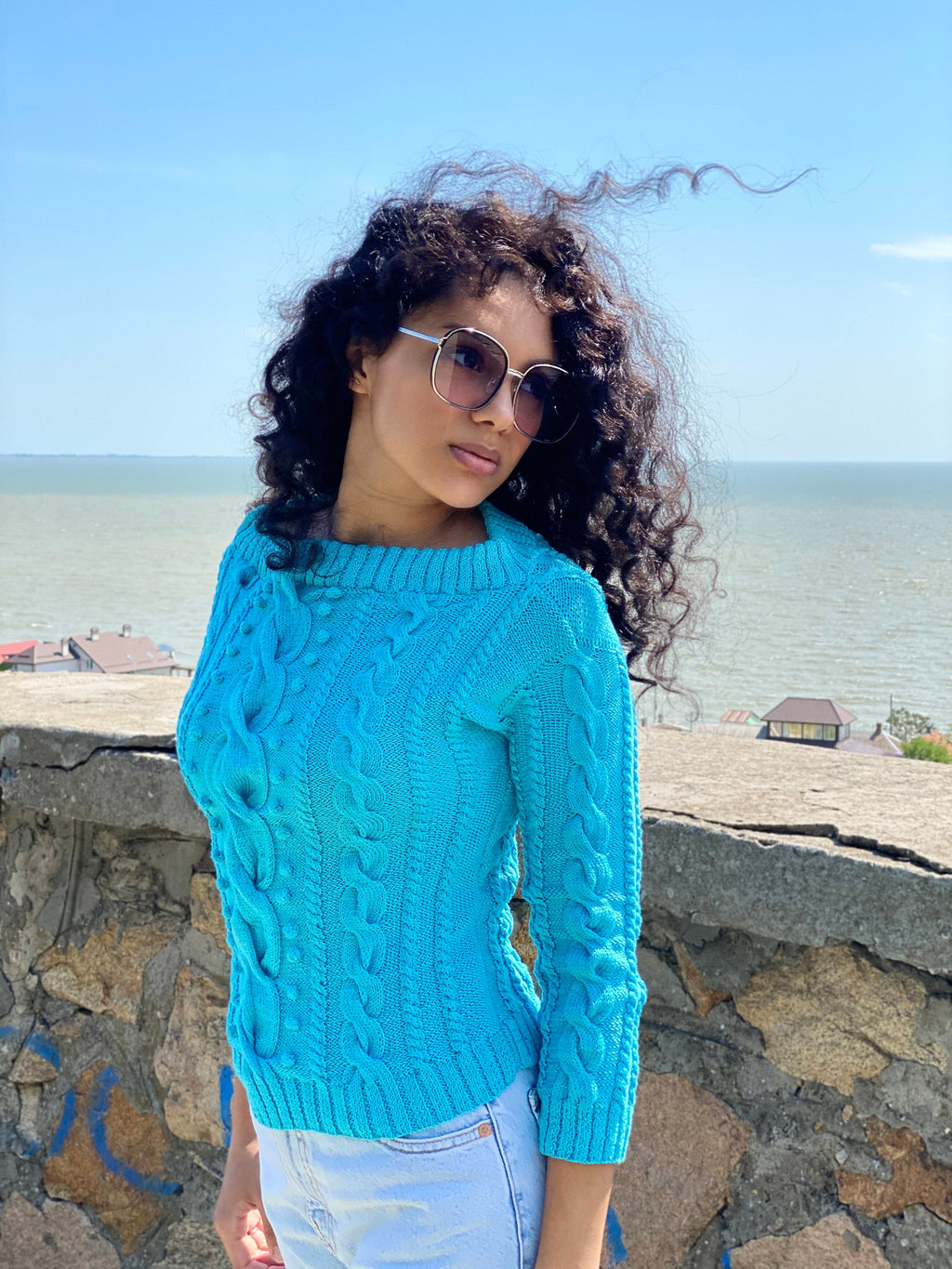 Hand knit cotton sweater/blue women sweater/short cotton sweater/cable sweater/spring sweater for women/Light blue cropped sweater