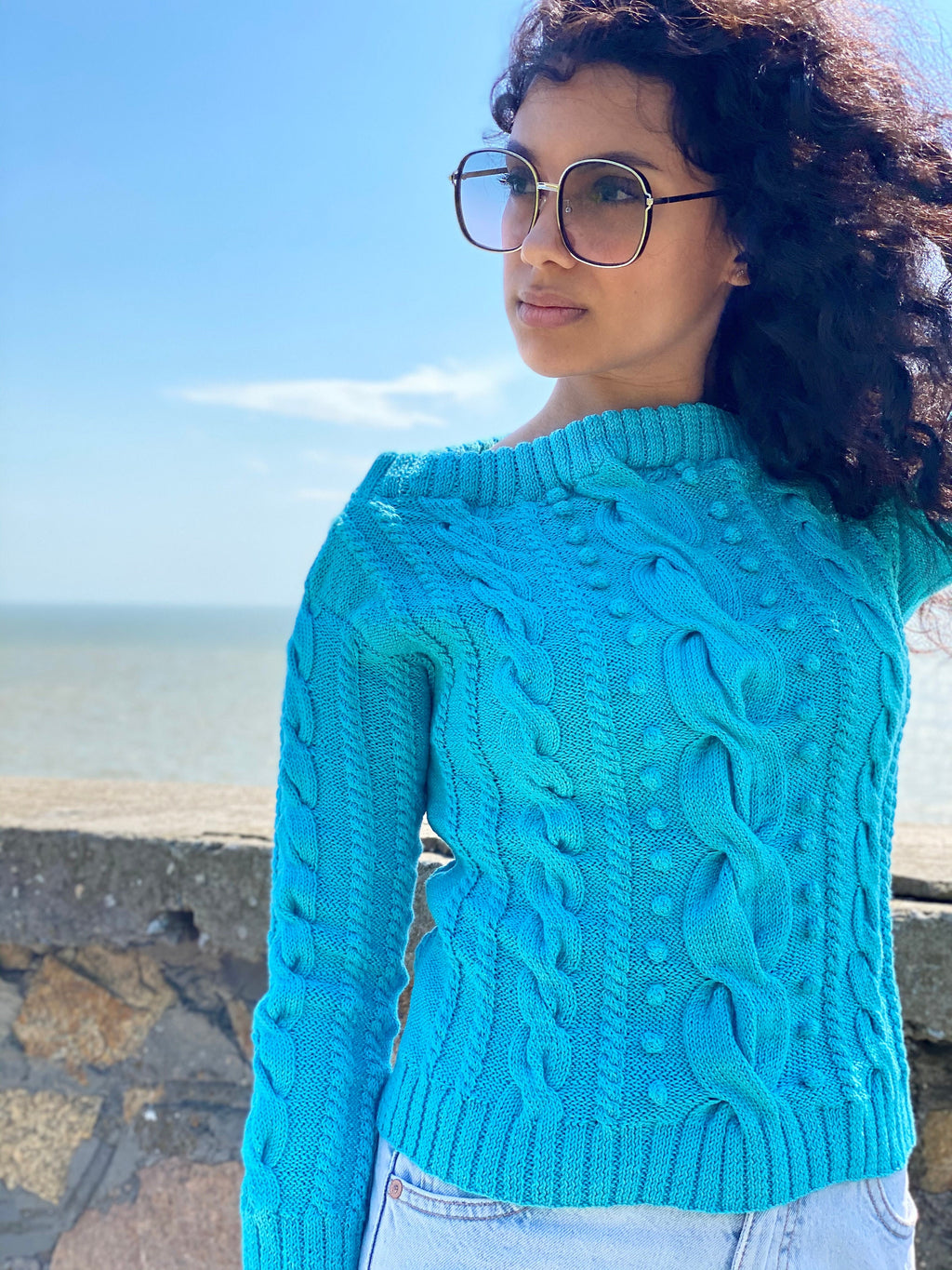 Hand knit cotton sweater/blue women sweater/short cotton sweater/cable sweater/spring sweater for women/Light blue cropped sweater