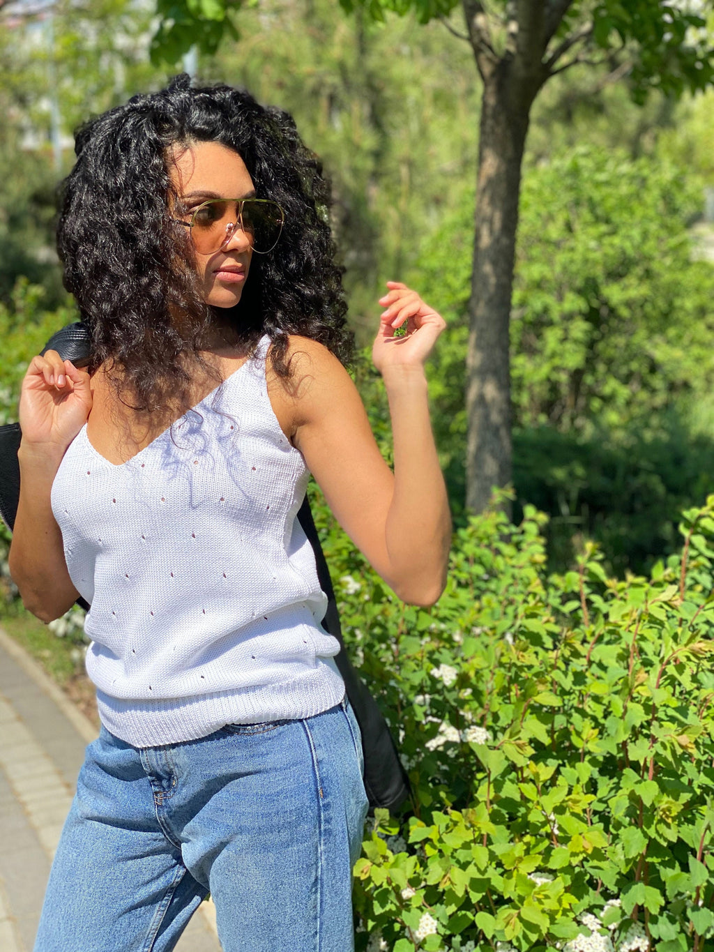 White Knit Women's Top/V Neck Knit Top/summer knit long top/White Tank Top/knitted tank/vintage white knit top/Knit loose top/long tan top