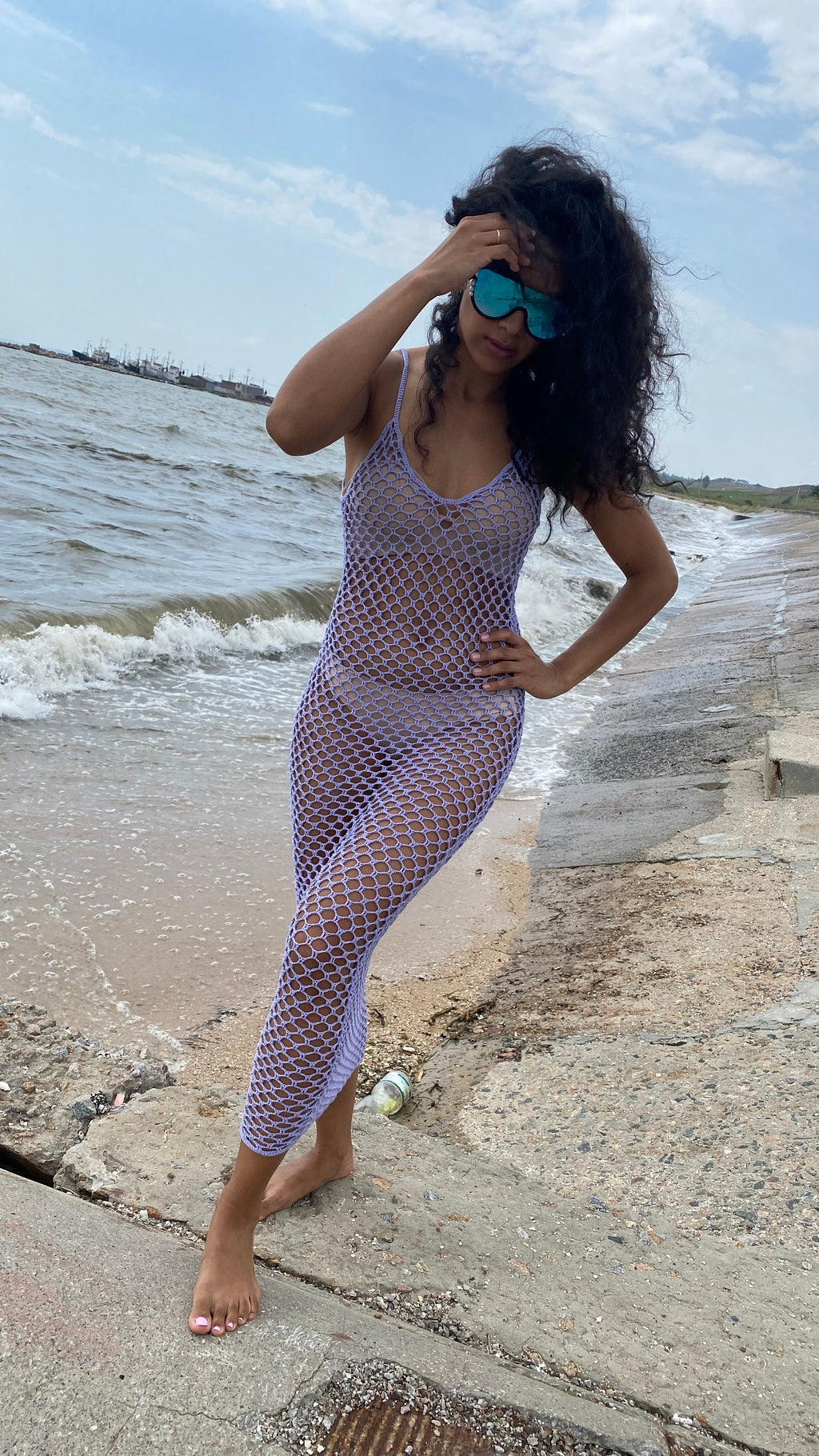 Сrochet beach Purple Midi cover up dress Lilac beach dress Sea Breeze Cover Up beach crochet net dress see through Fishnet dress Beach dress