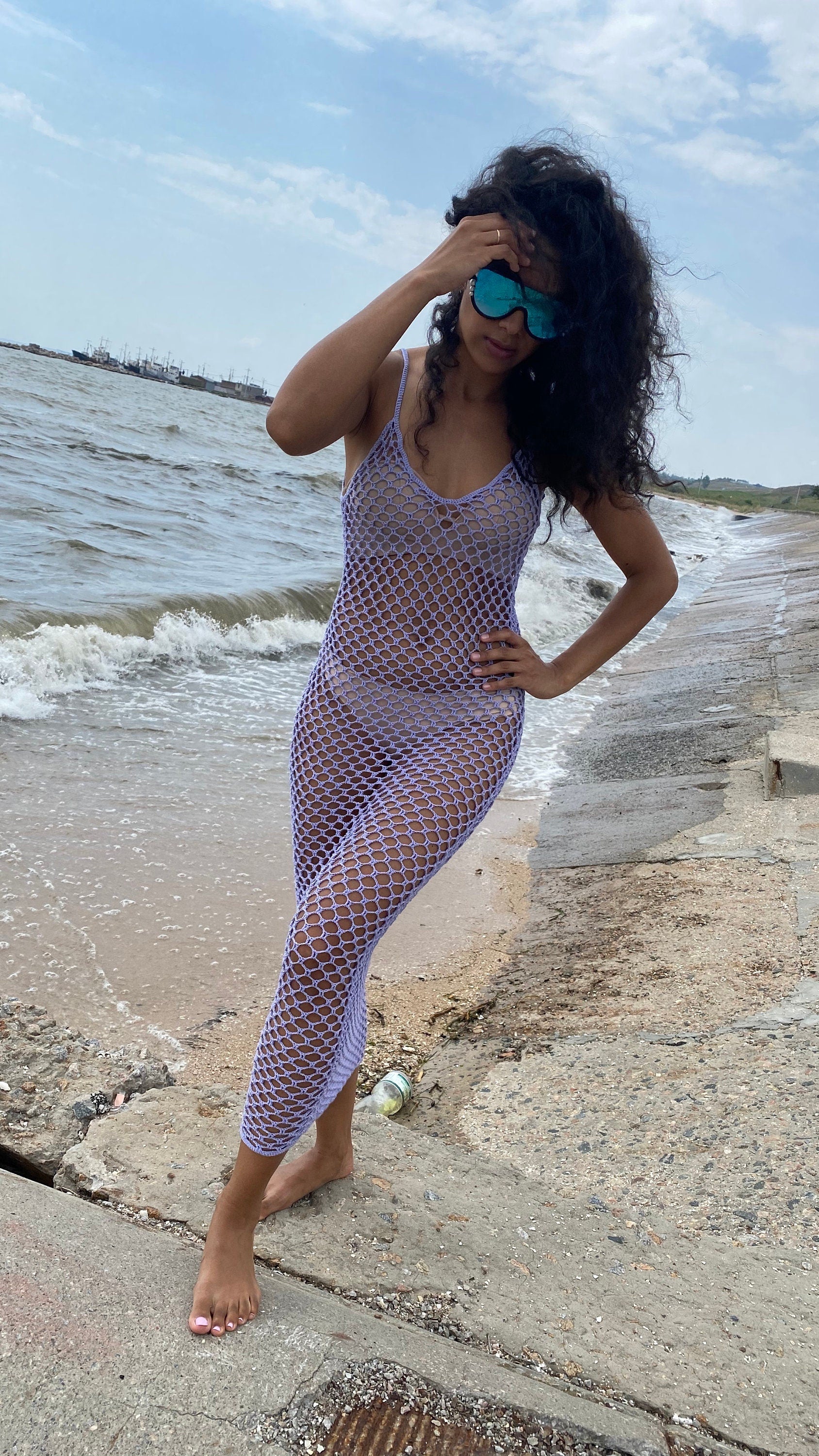 Сrochet beach Purple Midi cover up dress Lilac beach dress Sea Breeze Cover Up beach crochet net dress see through Fishnet dress Beach dress