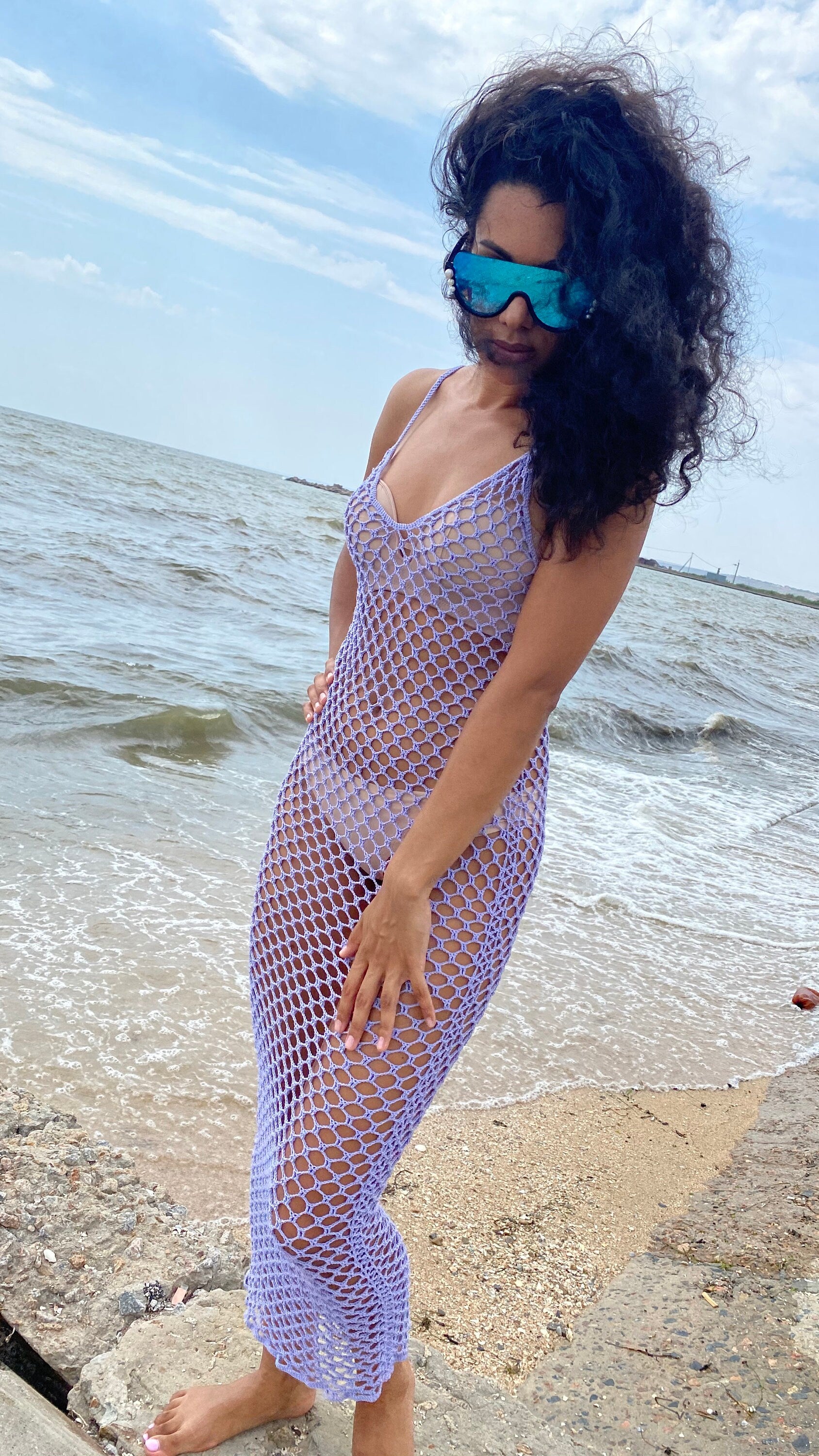 Сrochet beach Purple Midi cover up dress Lilac beach dress Sea Breeze Cover Up beach crochet net dress see through Fishnet dress Beach dress