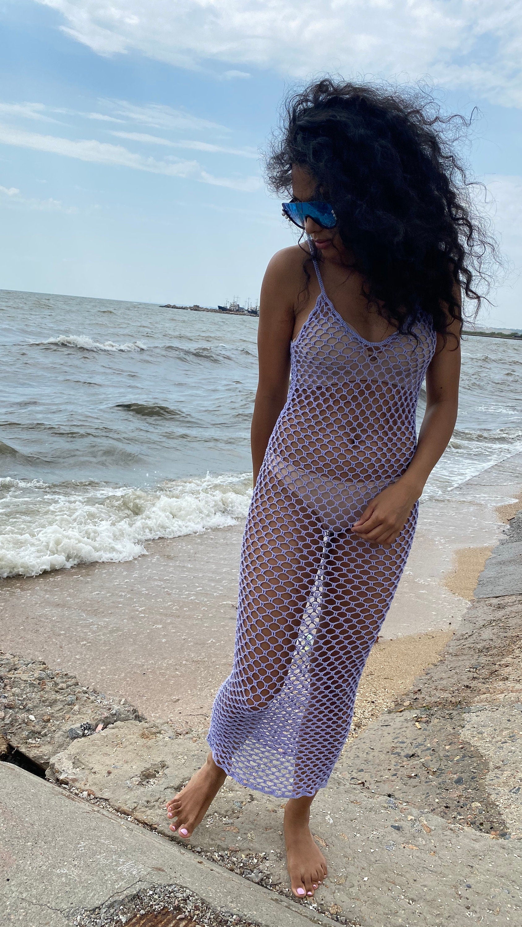 Lilac Сrocheted midi beach dress/crochet Fishnet dress/beach cover up/crochet net dress see through/Sexy beach drss/Sexy sheer dress