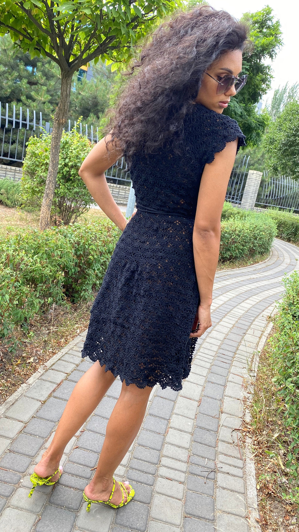 Black Organic Cotton Crochet Midi Summer Dress for Women Openwork bohemian dress Womens V-neckline Short sleeve Dress - robe