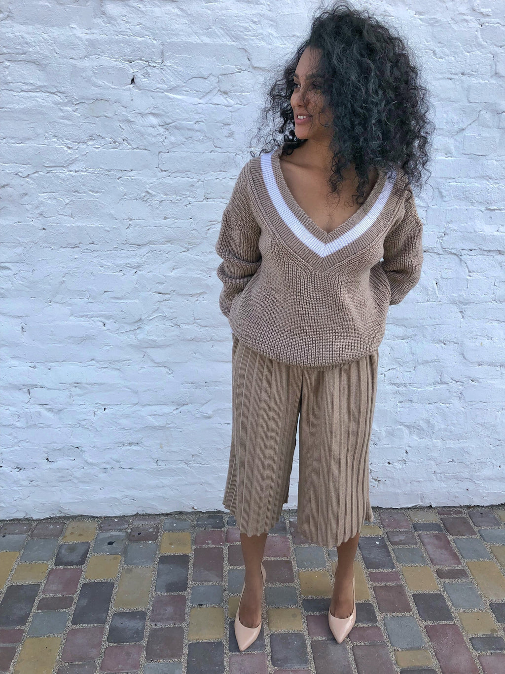 Two pieces knit womens suit beige Set Culotte pants/sweater Warm wool knitted suit Vintage costume Minimalist oversize suit/trousers pleated