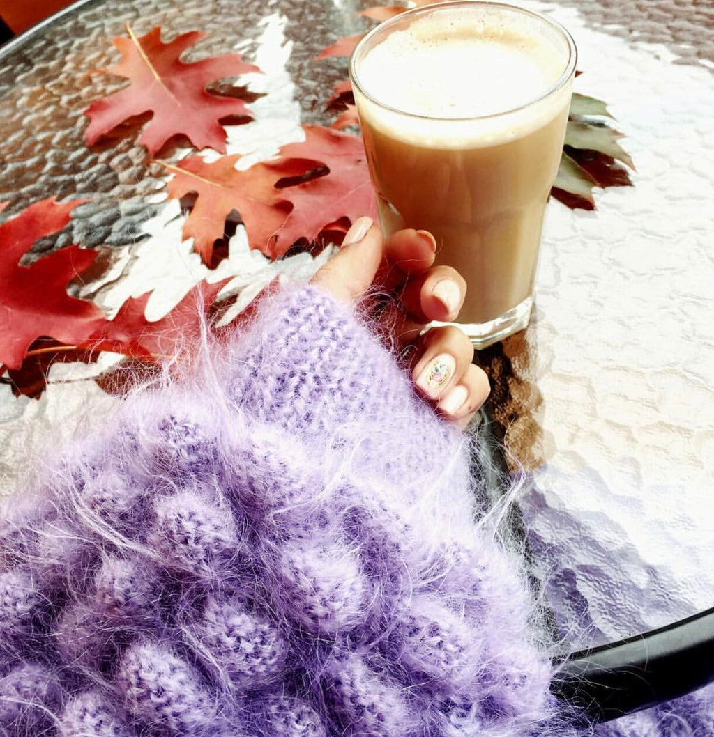 Oversized Knitted Mohair Sweater Dress Women Dress Bubbles Purple Lilac Bohemian Dress Sweater Dress Off Shoulder Half Sleeve Pom Poms
