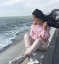 Pastel pink knit wool mixture sweater hand knitted sweater Handmade oversize Cable knit Jumper Chunky knit cotton Off Shoulder Sweater