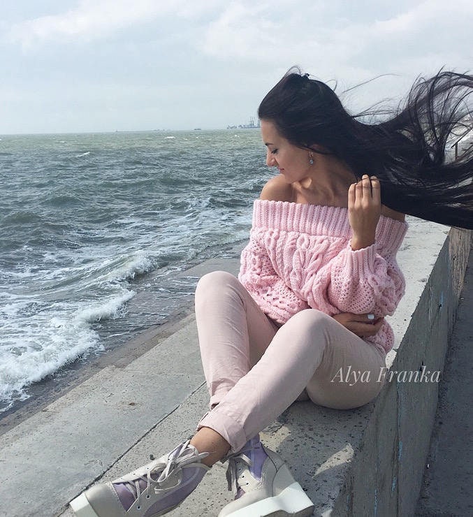 Pastel pink knit wool mixture sweater hand knitted sweater Handmade oversize Cable knit Jumper Chunky knit cotton Off Shoulder Sweater