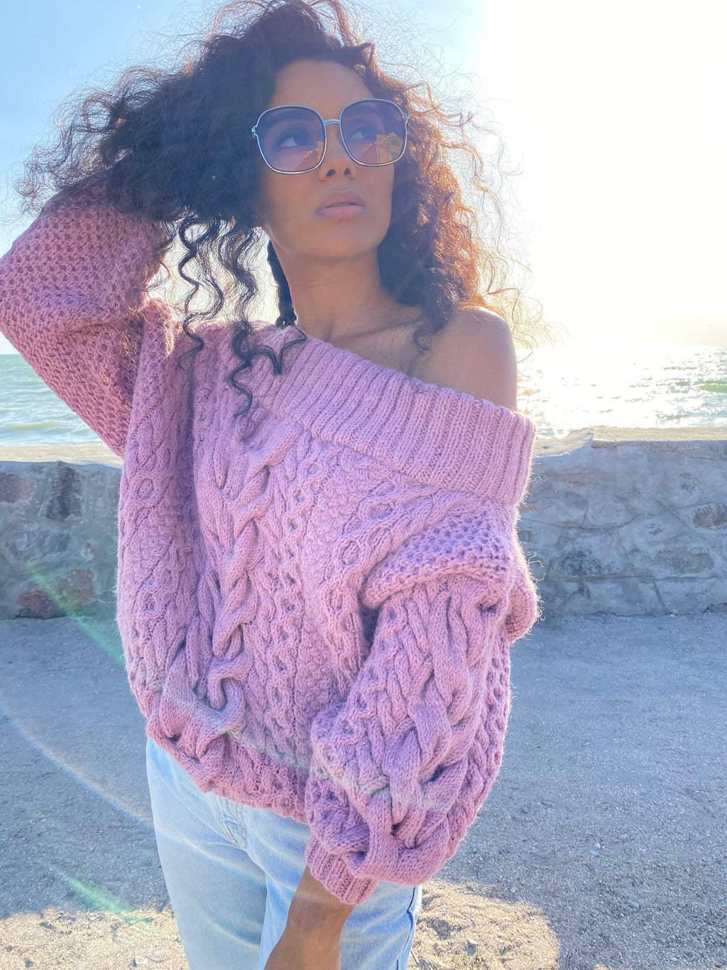 Pastel pink hand Dry dusty rose knit alpaca wool sweater woman Cable hand knit sweater Loose pullover Oversiz chunky knit bulky off shoulder