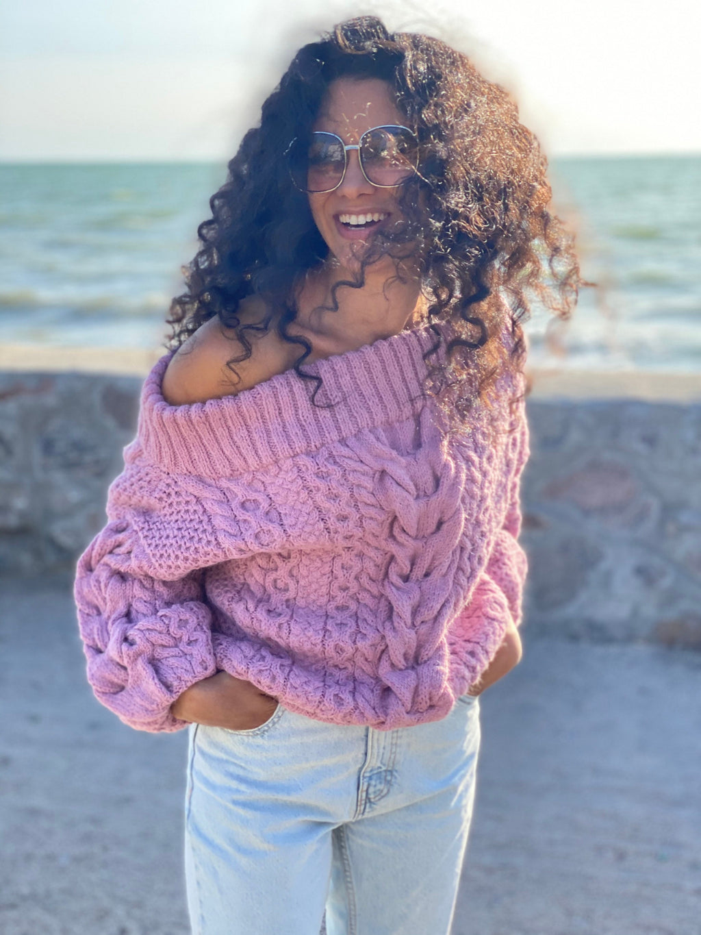 Pastel pink hand Dry dusty rose knit alpaca wool sweater woman Cable hand knit sweater Loose pullover Oversiz chunky knit bulky off shoulder