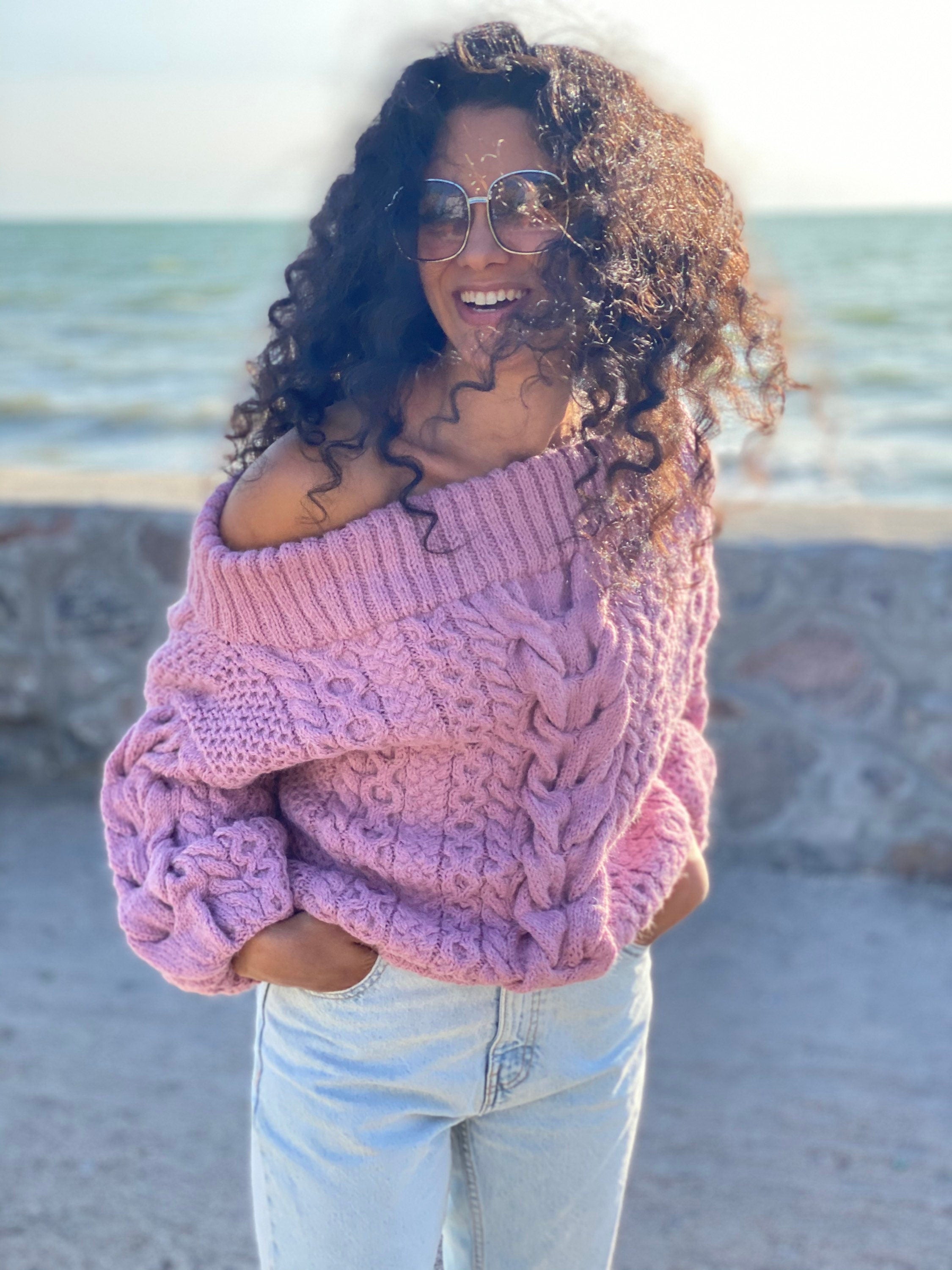Pastel pink hand Dry dusty rose knit alpaca wool sweater woman Cable hand knit sweater Loose pullover Oversiz chunky knit bulky off shoulder