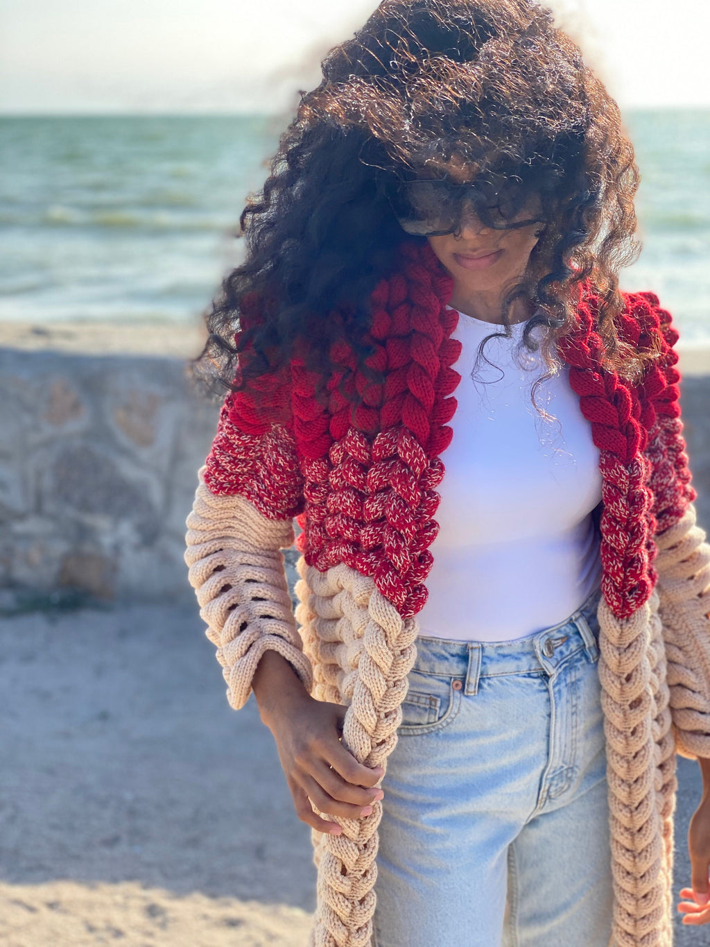 Cable knit wool Lalo midi cardigan women Wool knitted coat Chunky knit Oversized red beige cardigan spikelet/gift for her