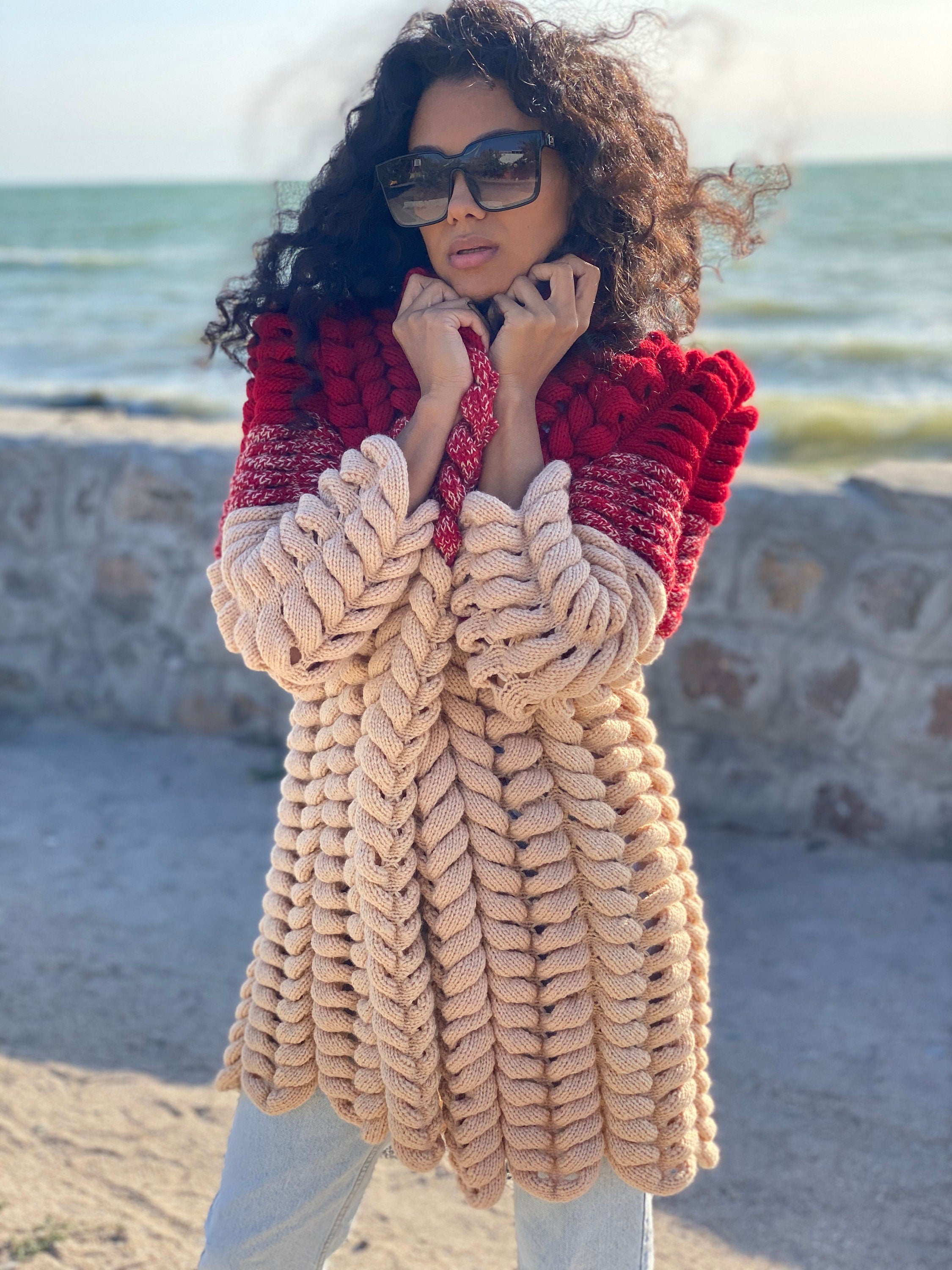Cable knit wool Lalo midi cardigan women Wool knitted coat Chunky knit Oversized red beige cardigan spikelet/gift for her