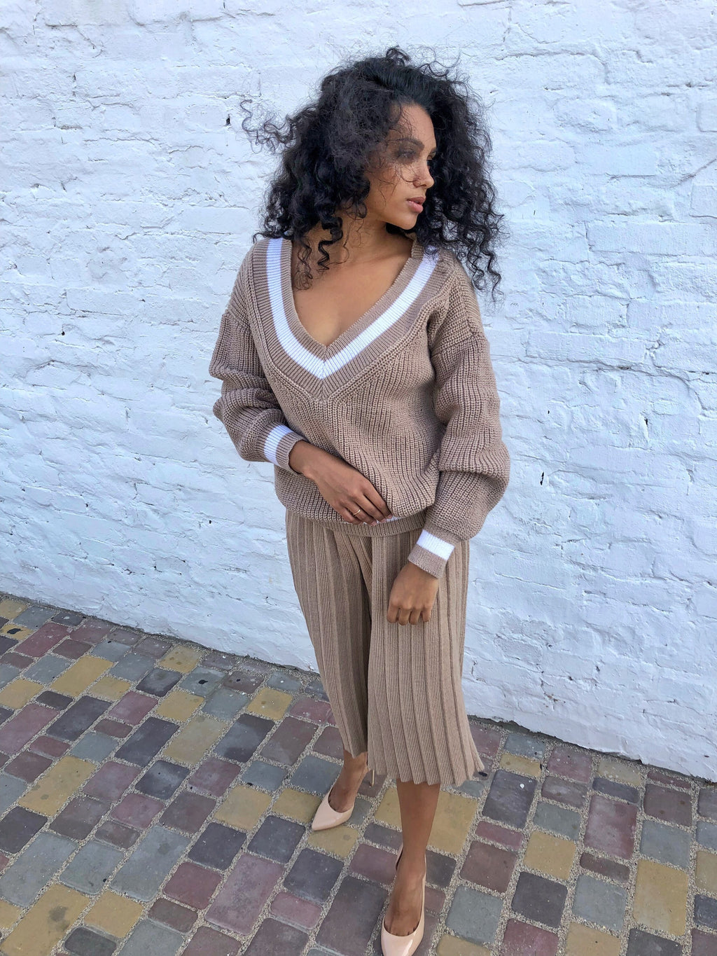 Two pieces knit womens suit beige Set Culotte pants/sweater Warm wool knitted suit Vintage costume Minimalist oversize suit/trousers pleated