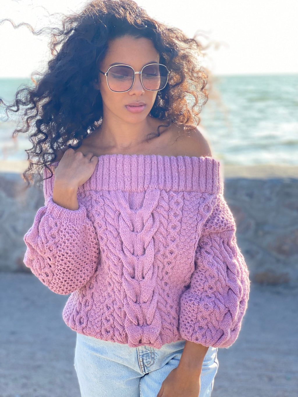 Pastel pink hand Dry dusty rose knit alpaca wool sweater woman Cable hand knit sweater Loose pullover Oversiz chunky knit bulky off shoulder