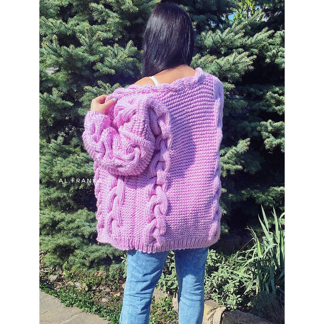 Cable hand knit lilac wool cardigan for women Knit coat women Chunky Pink cropped cardigan Cable knitted sweater
