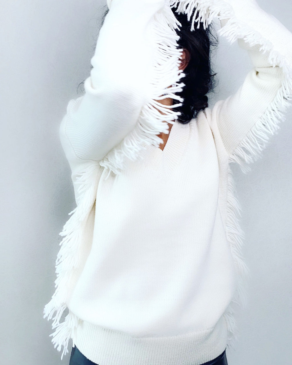 Knitted milk merino wool mix fringe V-neck sweater for women White wool boho pullover Pastel hand knit long sleeve V neckline