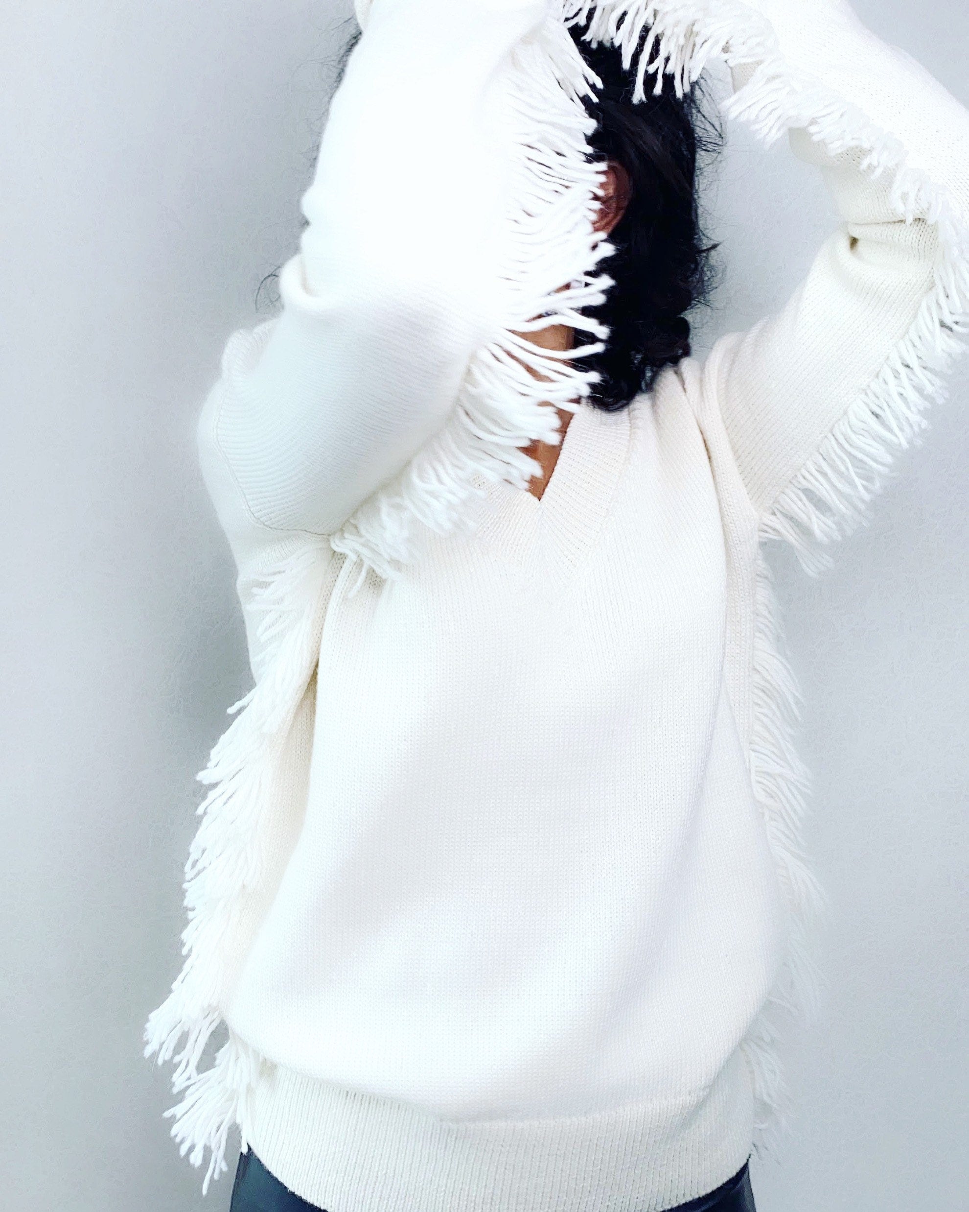Knitted milk merino wool mix fringe V-neck sweater for women White wool boho pullover Pastel hand knit long sleeve V neckline