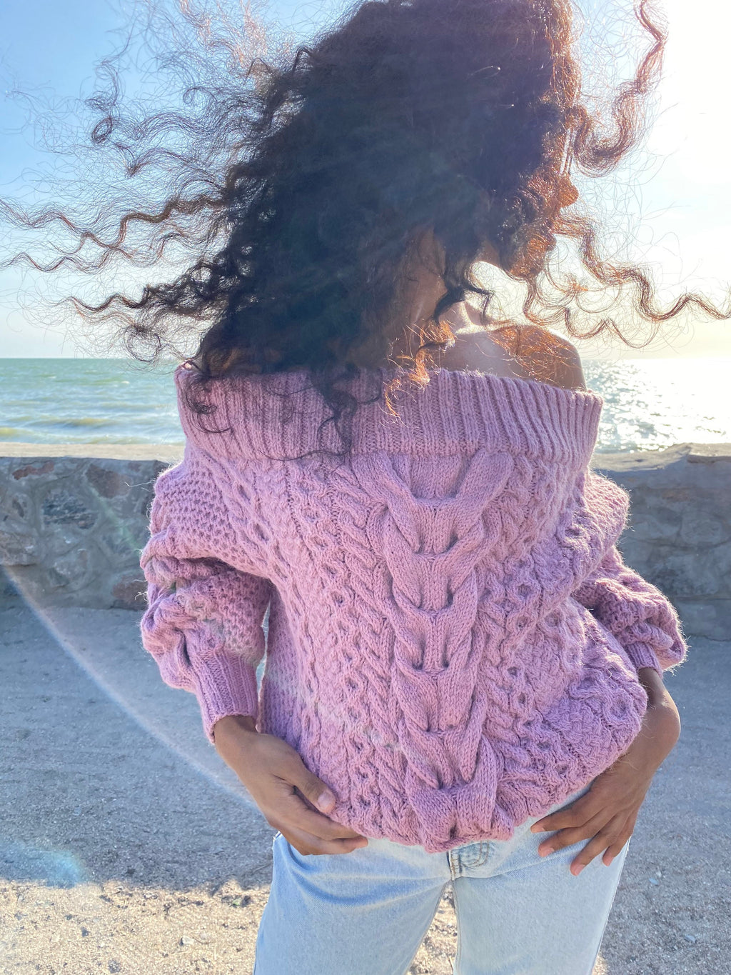 Pastel pink hand Dry dusty rose knit alpaca wool sweater woman Cable hand knit sweater Loose pullover Oversiz chunky knit bulky off shoulder