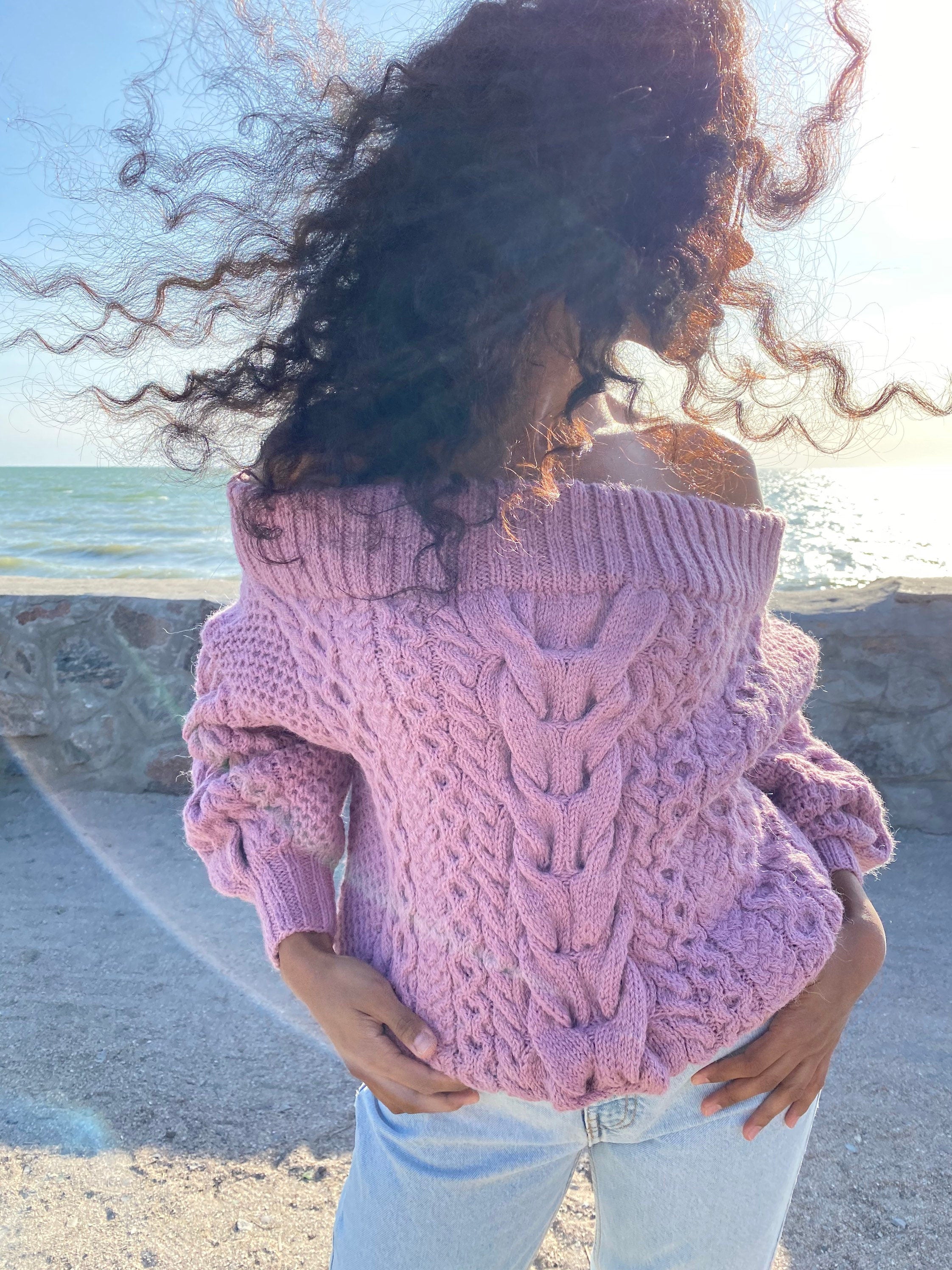 Pastel pink hand Dry dusty rose knit alpaca wool sweater woman Cable hand knit sweater Loose pullover Oversiz chunky knit bulky off shoulder