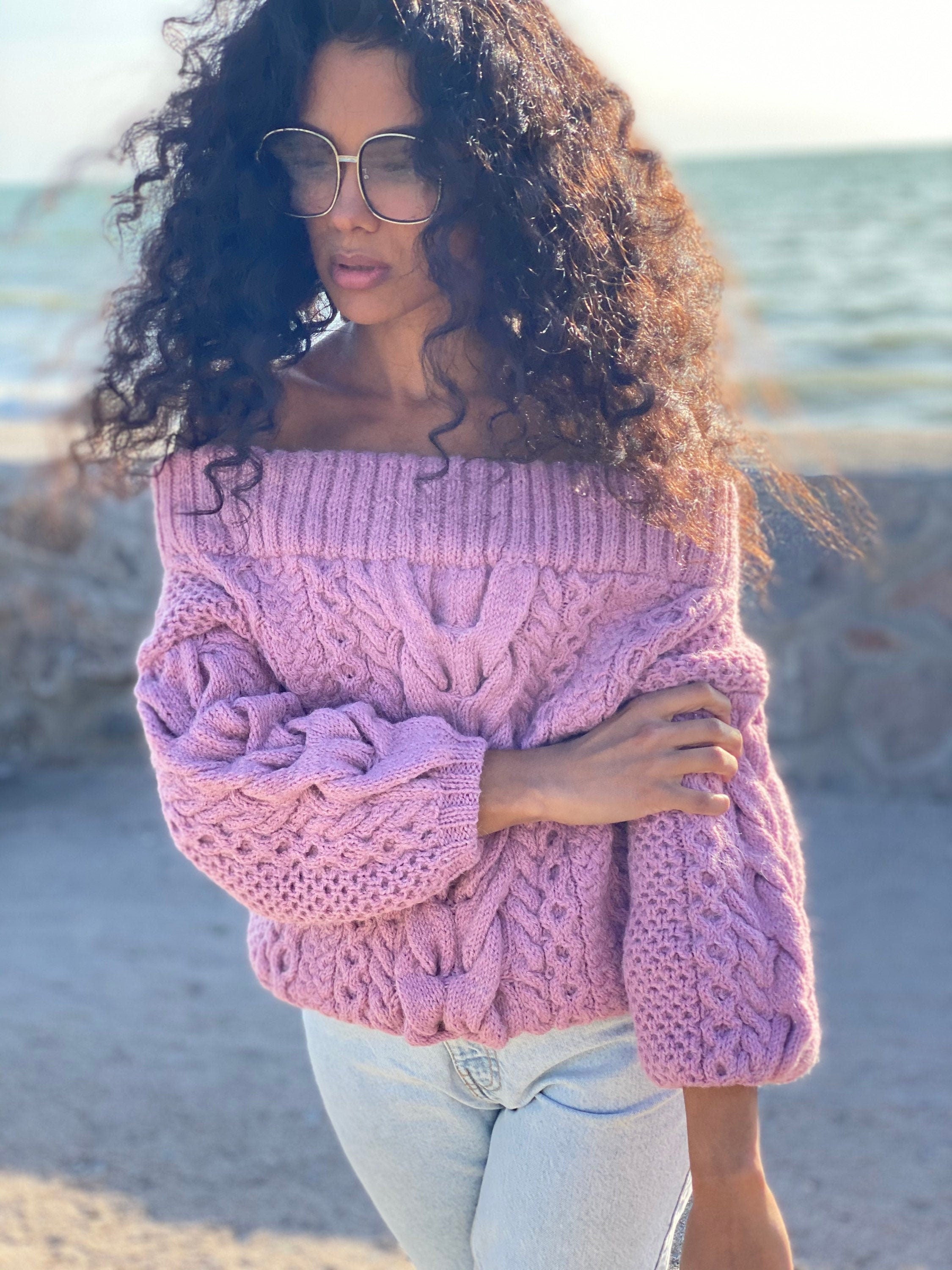 Pastel pink hand Dry dusty rose knit alpaca wool sweater woman Cable hand knit sweater Loose pullover Oversiz chunky knit bulky off shoulder