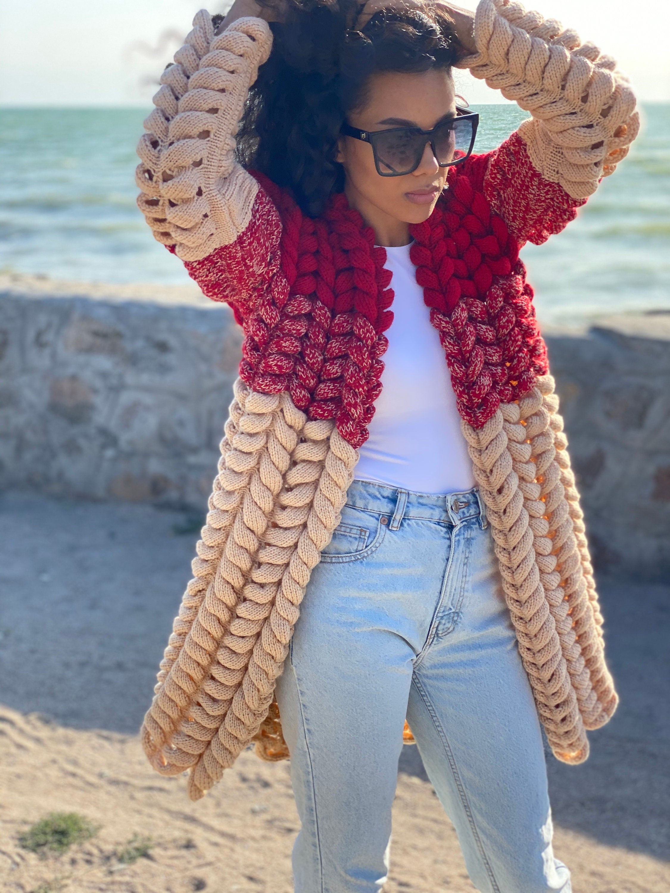 Cable knit wool Lalo midi cardigan women Wool knitted coat Chunky knit Oversized red beige cardigan spikelet/gift for her