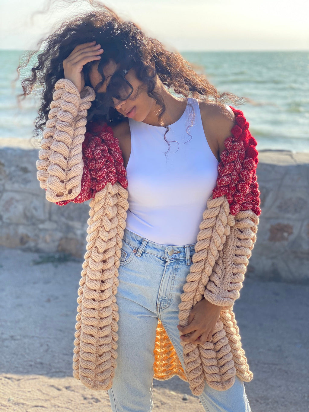 Cable knit wool Lalo midi cardigan women Wool knitted coat Chunky knit Oversized red beige cardigan spikelet/gift for her