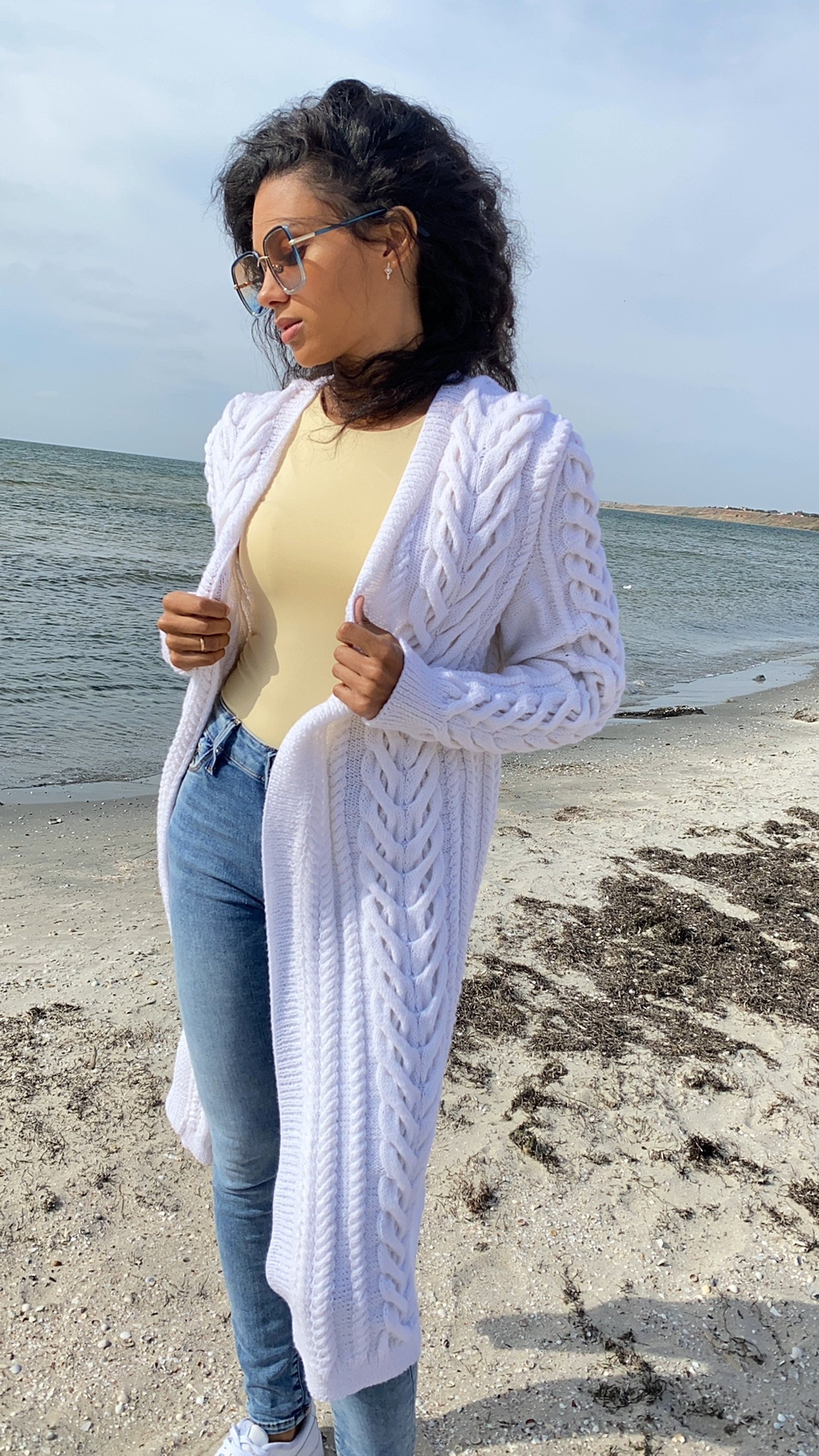 Maxi hand knit white pastel black wool сardigan for women Chunky knit midi cardigan Cream wool cable knit cardigan Short braided cardigan