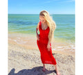 Summer sexy silk red midi dress/Beachwear Cover ups dress/Off the shoulder red dress/red silk long dress/sexy women’s bathing/beach tunic