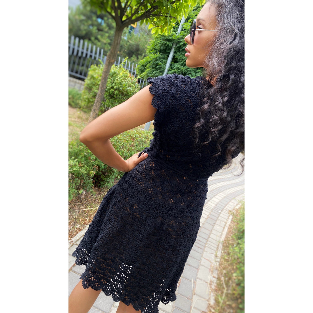Crochet dress black/boho dress crochet/ Boho Peasant Cotton Tiered Short Sleeve Dress/Womens openwork summer cotton dress/Bohemian Dress