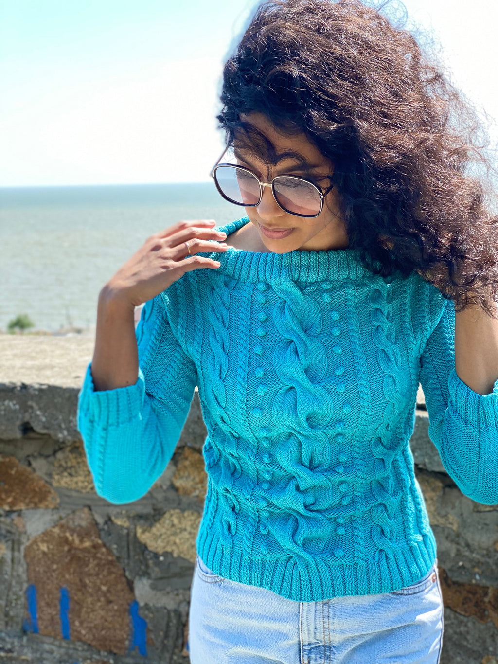 Hand knit cotton sweater/blue women sweater/short cotton sweater/cable sweater/spring sweater for women/Light blue cropped sweater