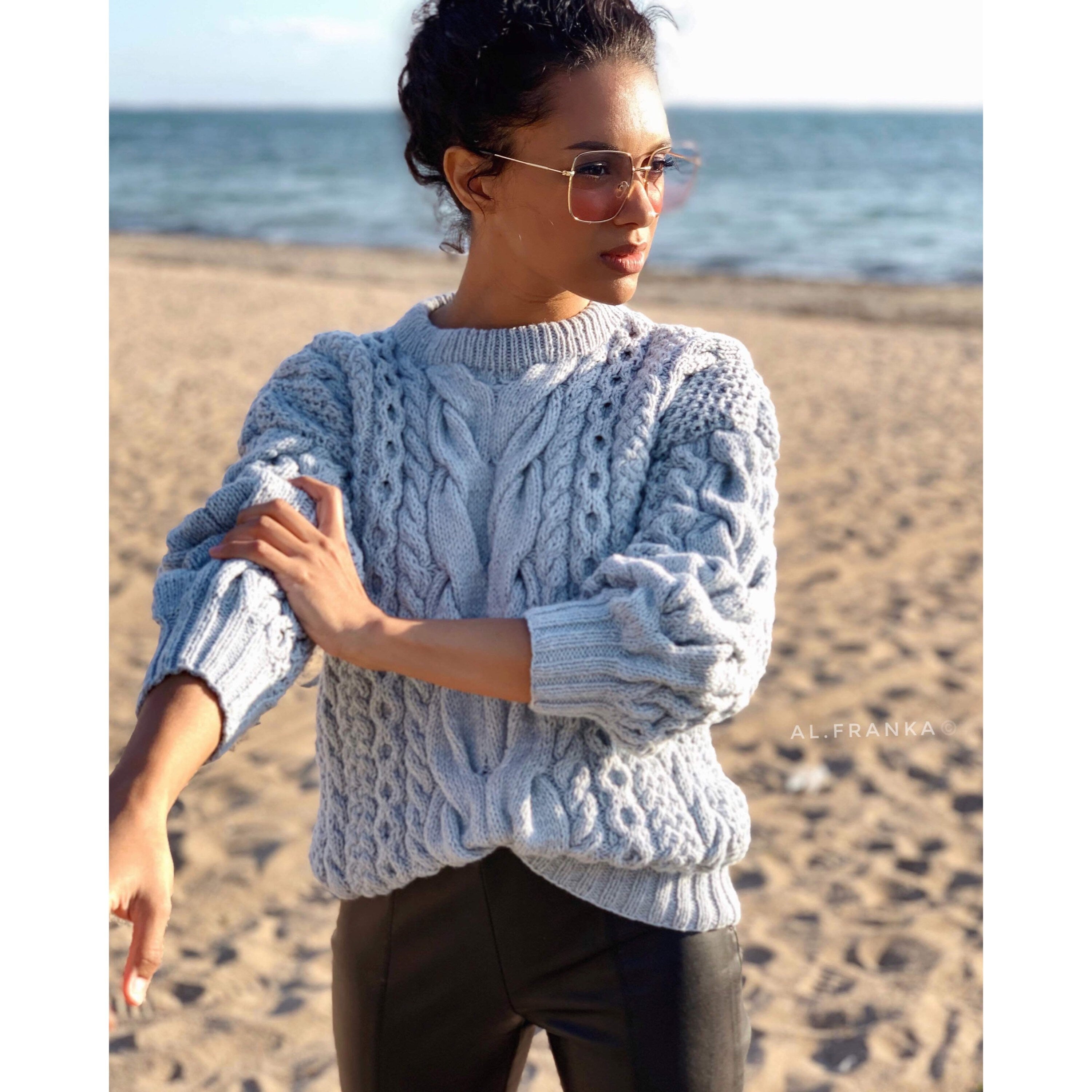 Cable black hand knit merino wool sweater womens Fall vintage sweater Christmas unisex sweater Chunky knit women Warm jumper with braids