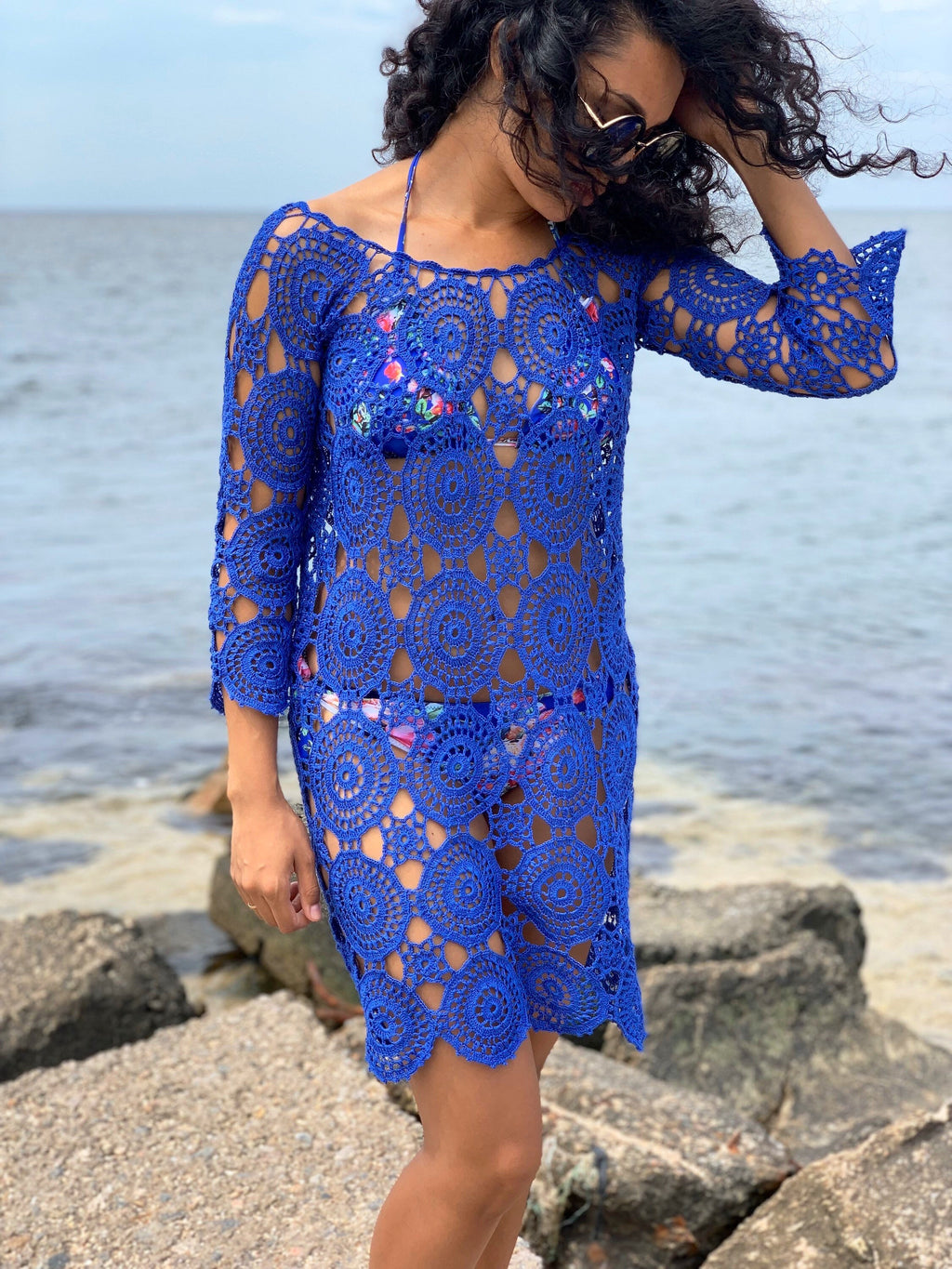 Crochet lace blue beach dress Cover-Ups Beach tunic cotton crochet tunic dress for beach vintage Beachwear Lace crochet dress