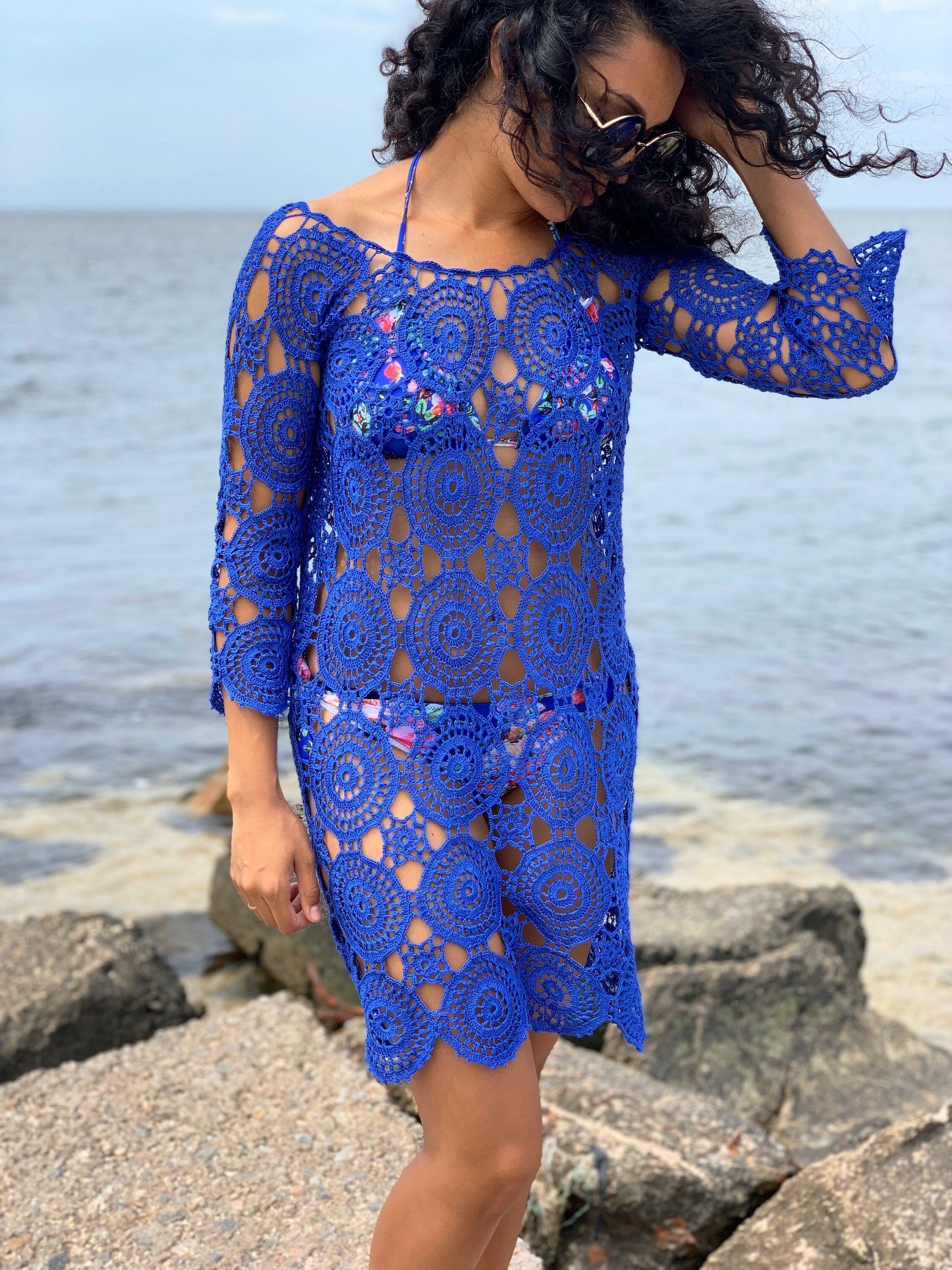 Crochet lace blue beach dress Cover-Ups Beach tunic cotton crochet tunic dress for beach vintage Beachwear Lace crochet dress