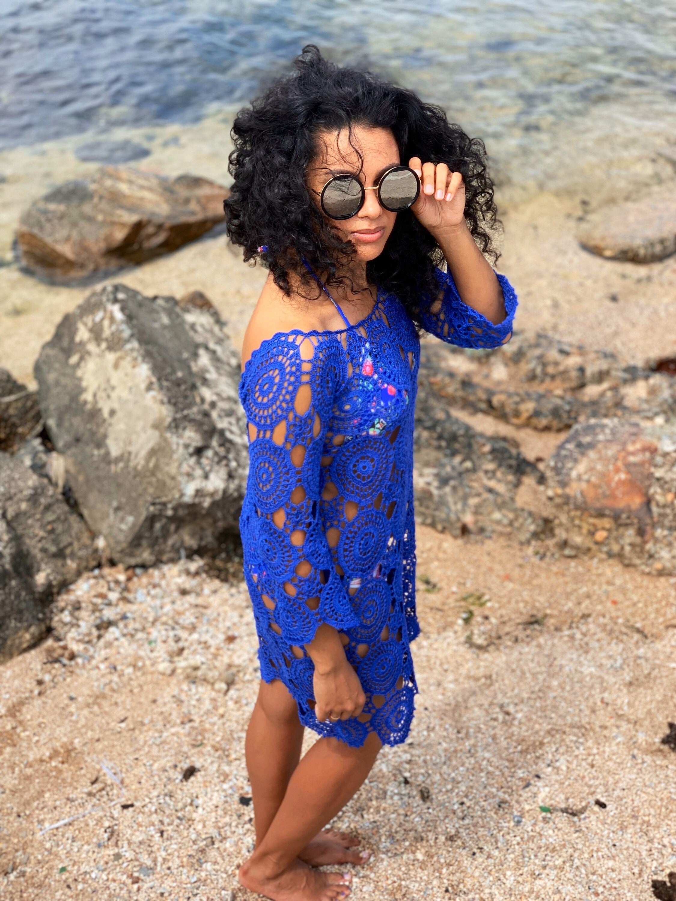 Crochet lace blue beach dress cover ups Beach tunic Organic cotton crochet tunic dress for beach vintage Beachwear Lace crochet сape