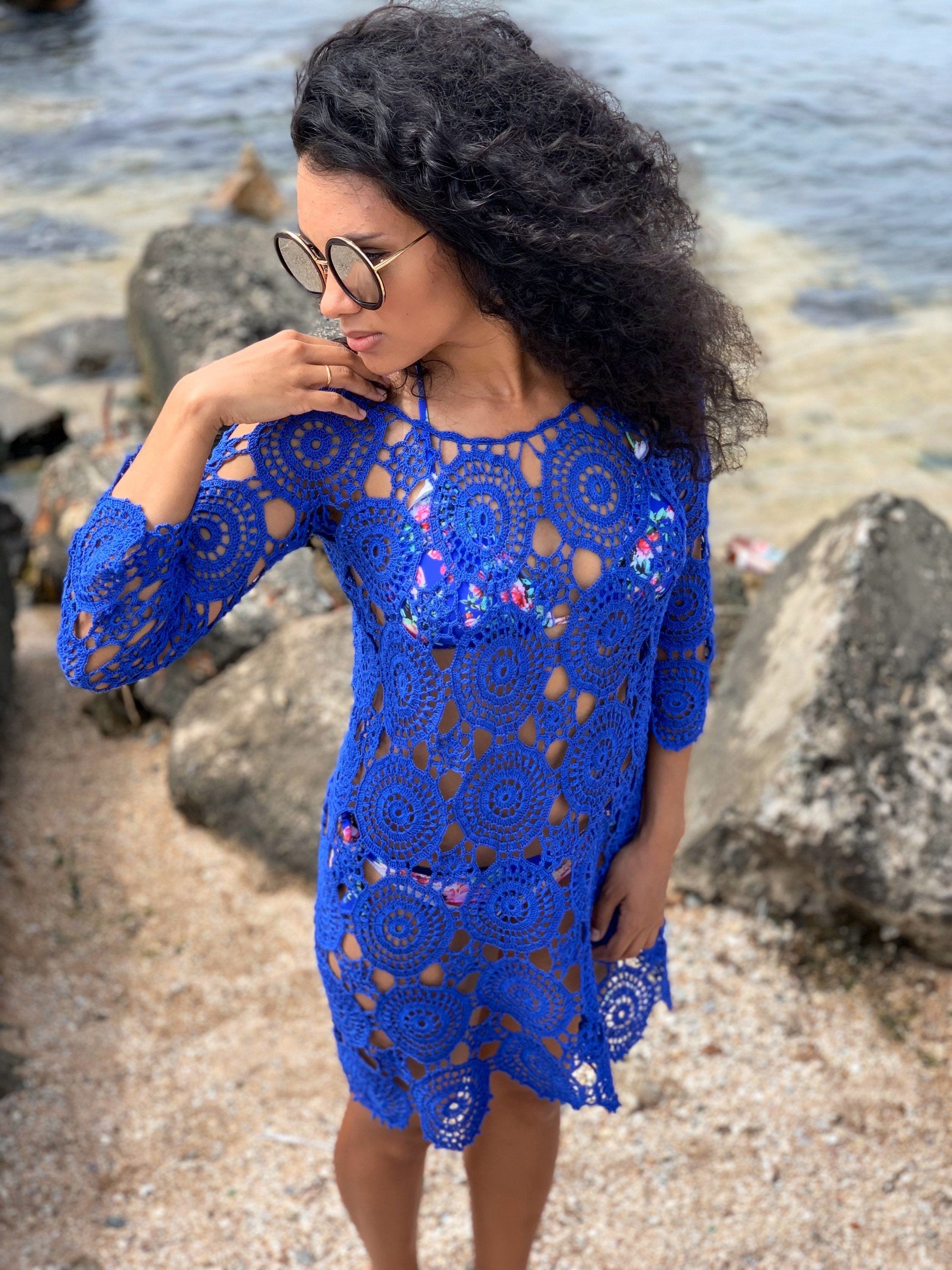 Crochet lace blue beach dress Cover-Ups Beach tunic cotton crochet tunic dress for beach vintage Beachwear Lace crochet dress