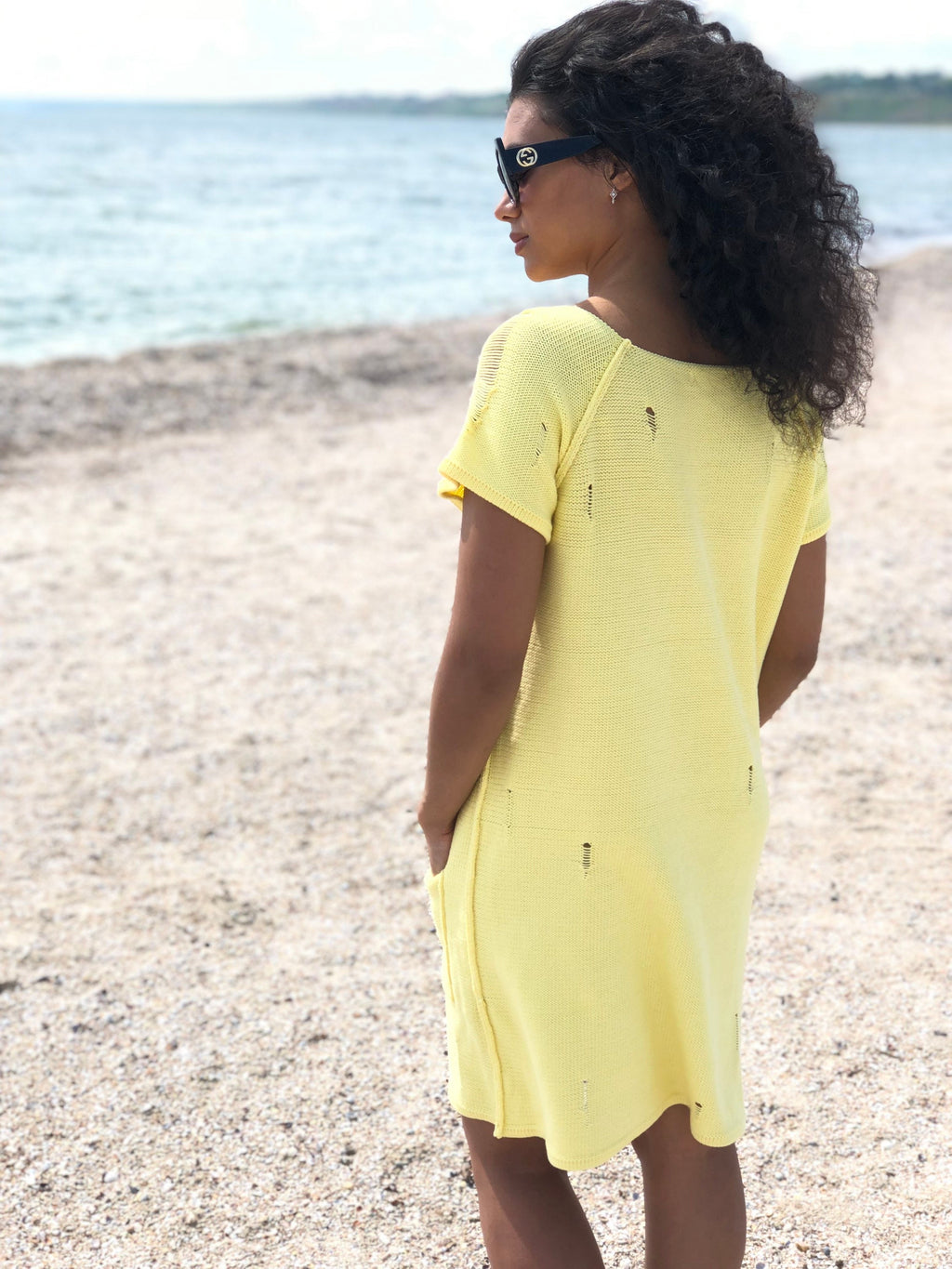 Knit organic cotton mini yellow dress short sleeve Vintage style dress Summer lemon milk dress Beach dress Distressed Sweater dress