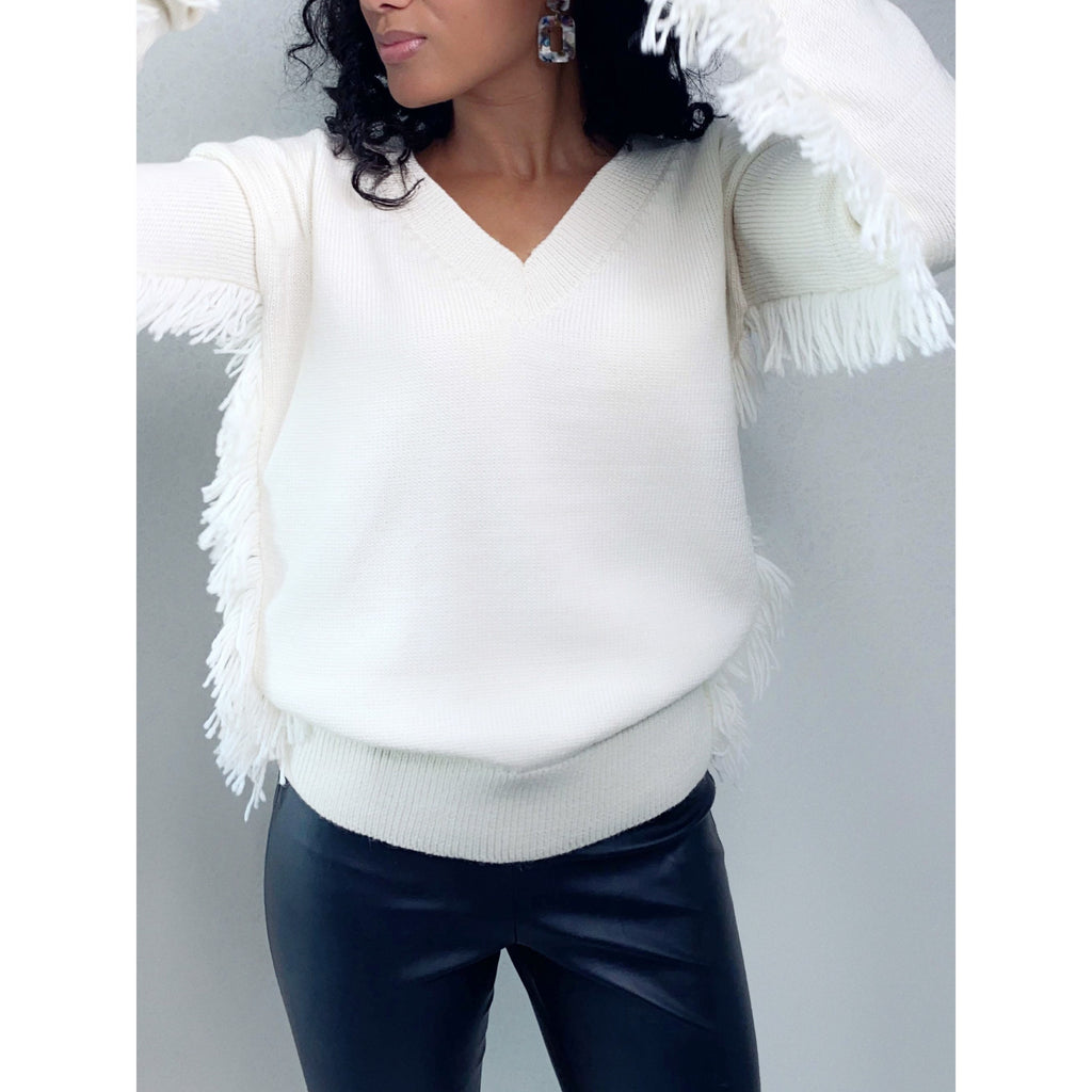 Knitted milk merino wool mix fringe V-neck sweater for women White wool boho pullover Pastel hand knit long sleeve V neckline