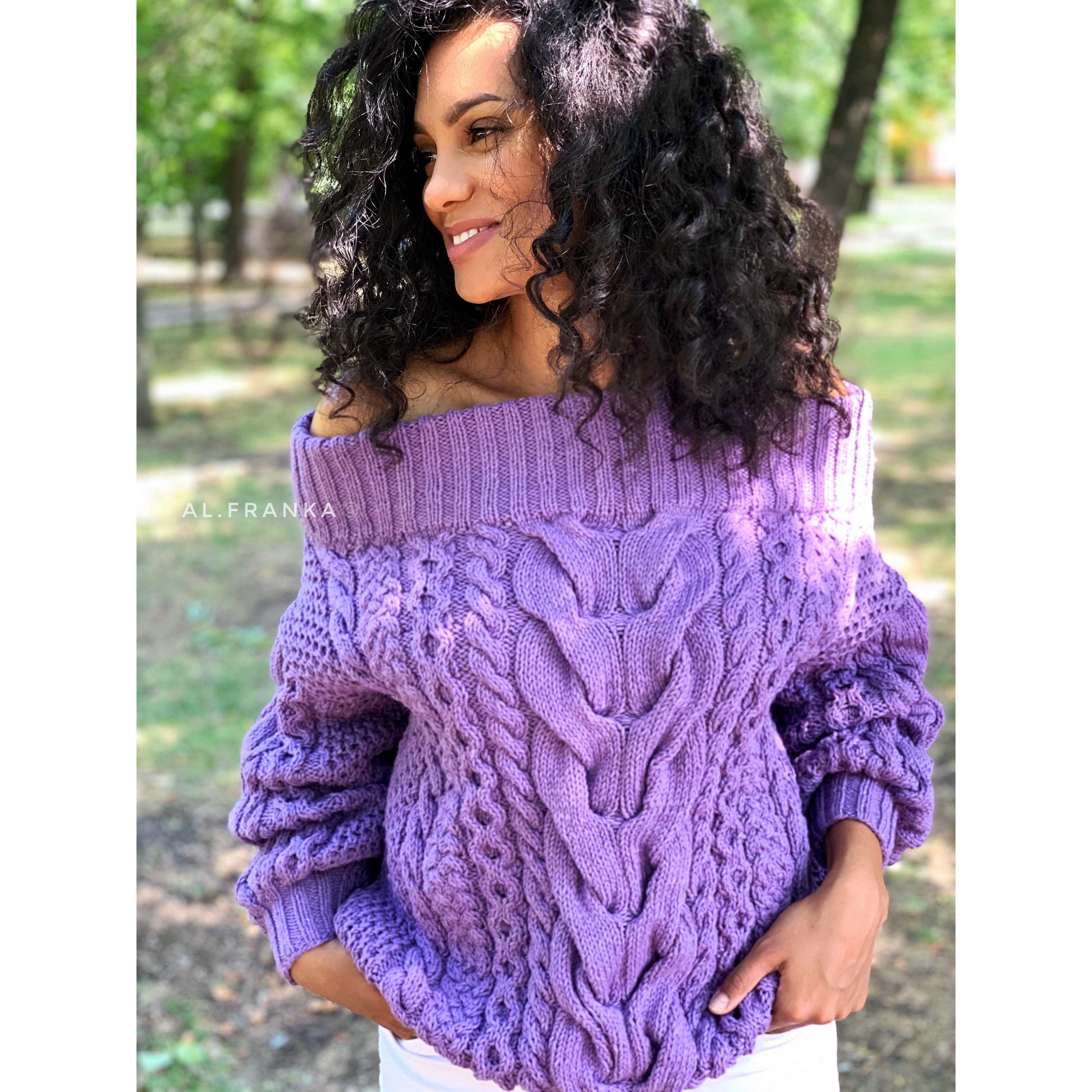Violet wool cotton Knit Sweater Lavender knitted pullover Purple Oversized sweater Cable knit sweater Crochet chunky sweater Loose knit