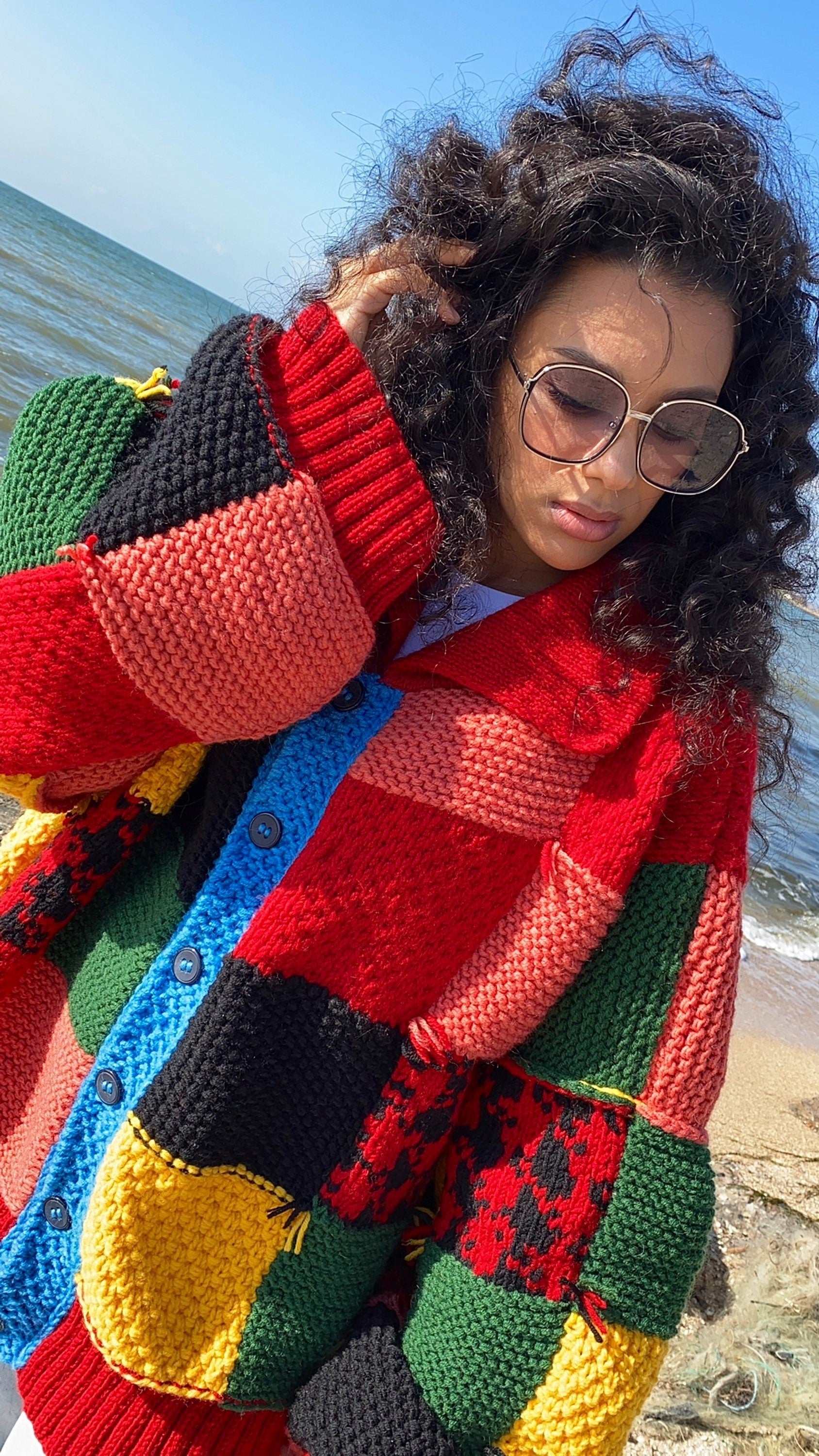 Hand knit merino wool red green yellow patchwork sweater Harry St /JW Anderson Inspired unisex cardigan Chunky knit colourblock plus size