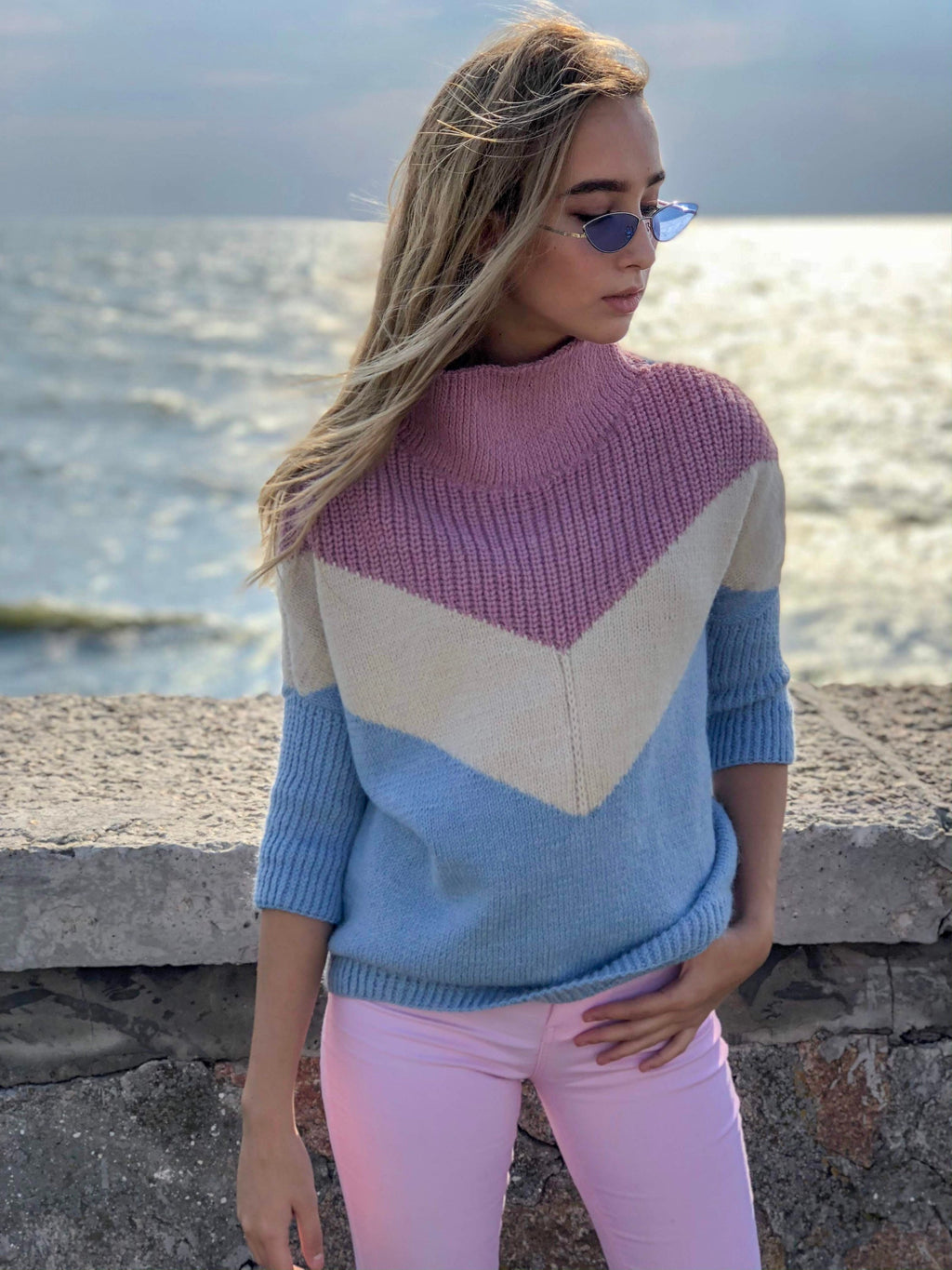Knit alpaca wool fall sweater high neck turtleneck Light pink blue white Cropped sleeve Oversized jumper Large sweater vintage high collar