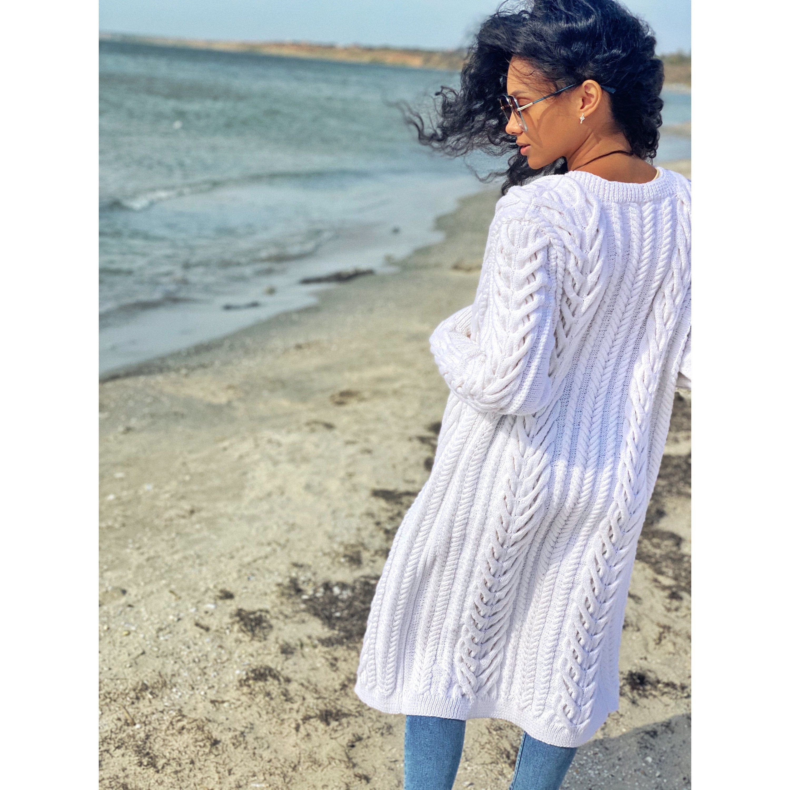 Long hand knit white wool сardigan women/chunky knit cardigan/white knitted jacket/cable knit cardigan/chunky cardigan/2-3 weeks