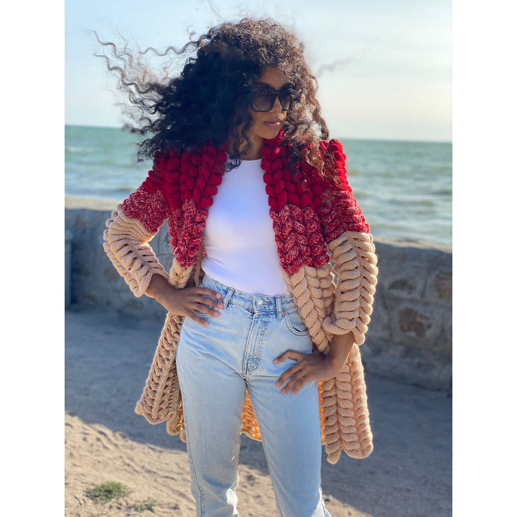 Cable knit wool Lalo midi cardigan women Wool knitted coat Chunky knit Oversized red beige cardigan spikelet/gift for her