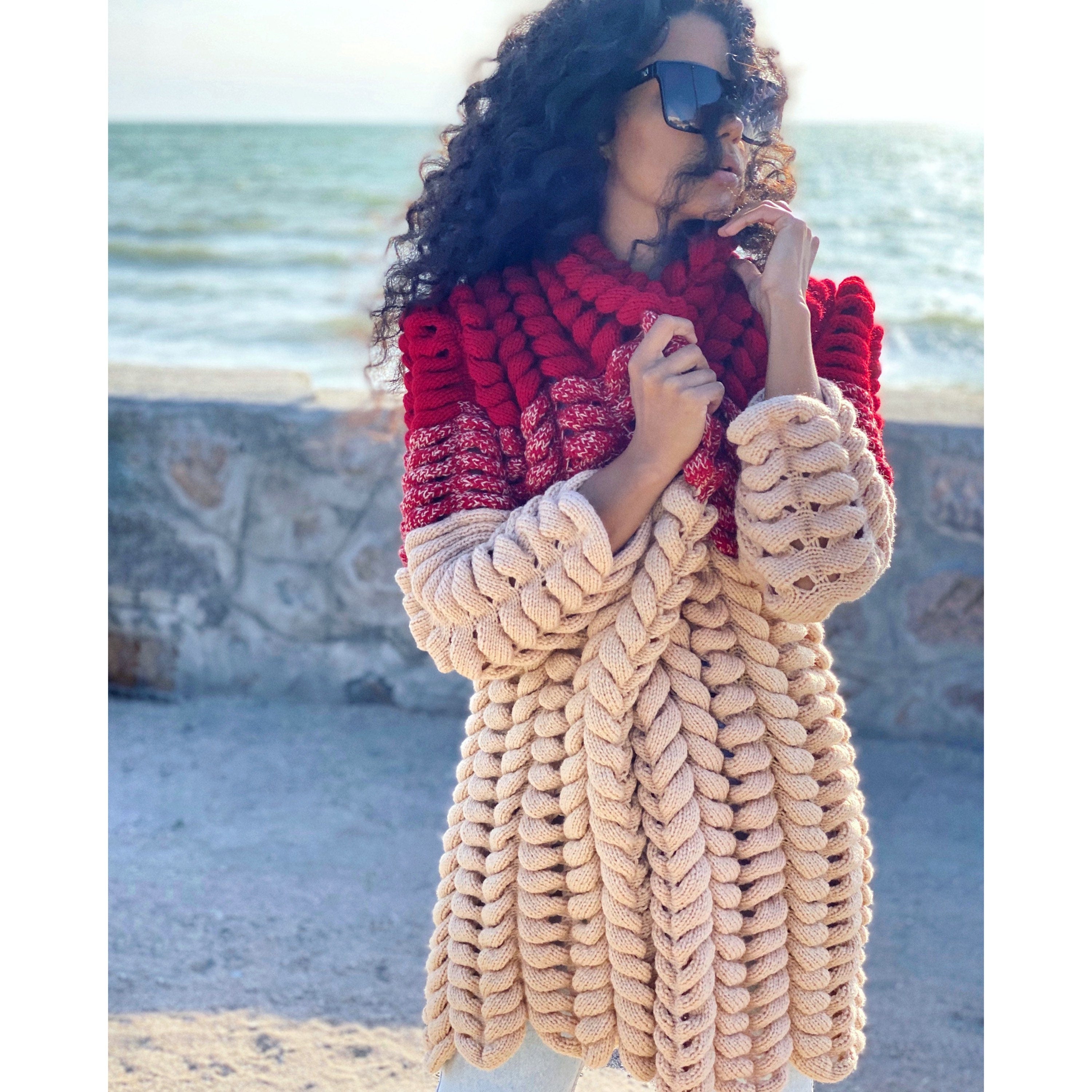 Cable knit wool Lalo midi cardigan women Wool knitted coat Chunky knit Oversized red beige cardigan spikelet/gift for her