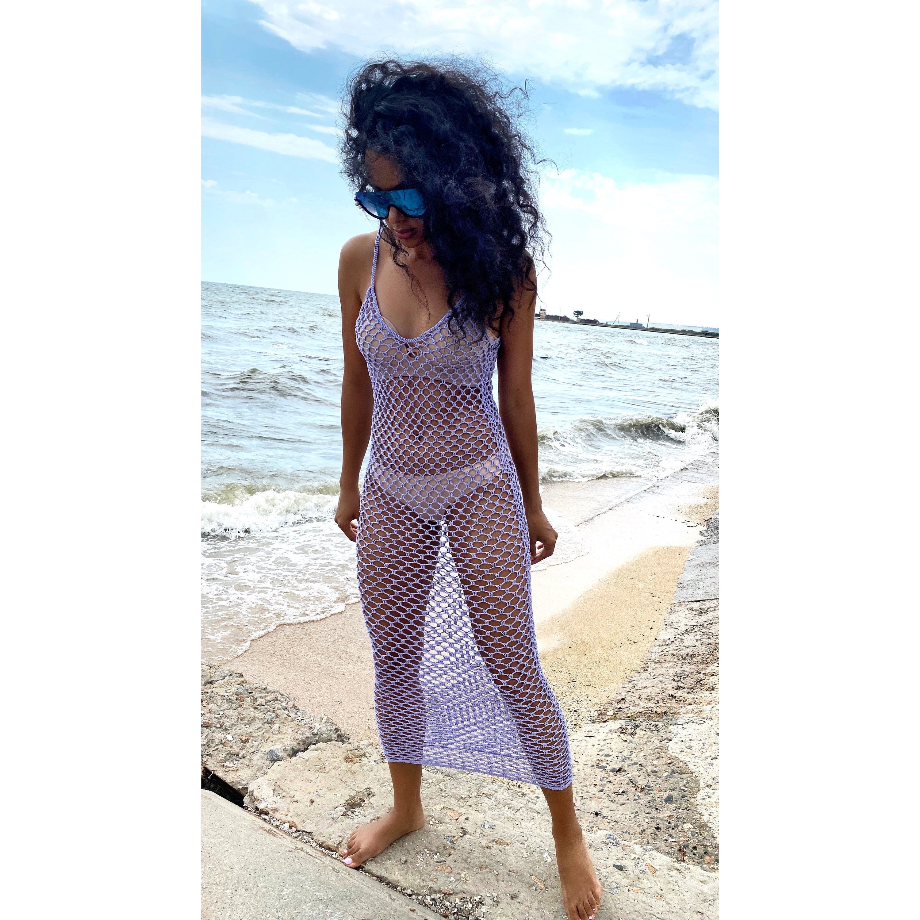 Сrochet beach Purple Midi cover up dress Lilac beach dress Sea Breeze Cover Up beach crochet net dress see through Fishnet dress Beach dress