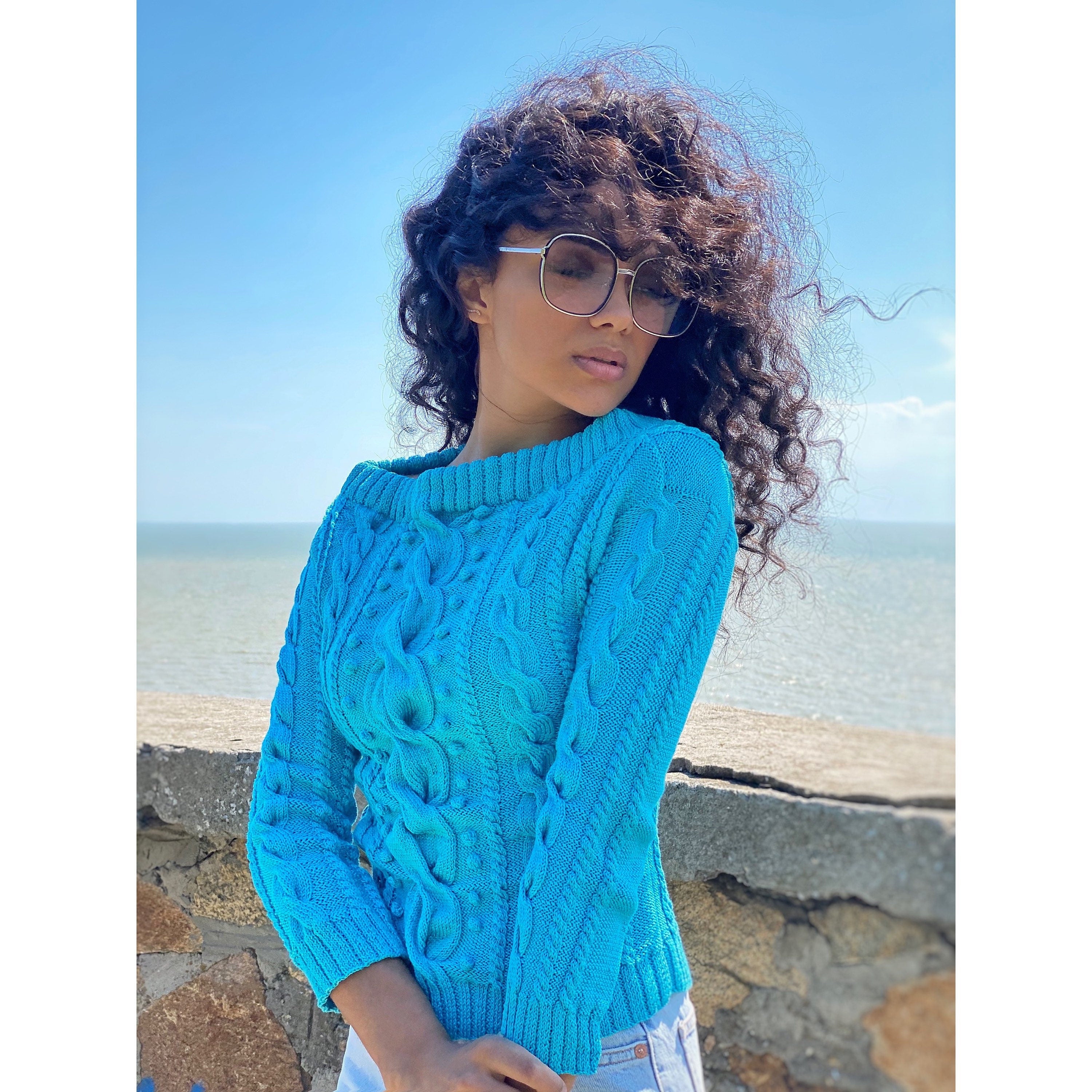 Hand knit cotton sweater/blue women sweater/short cotton sweater/cable sweater/spring sweater for women/Light blue cropped sweater