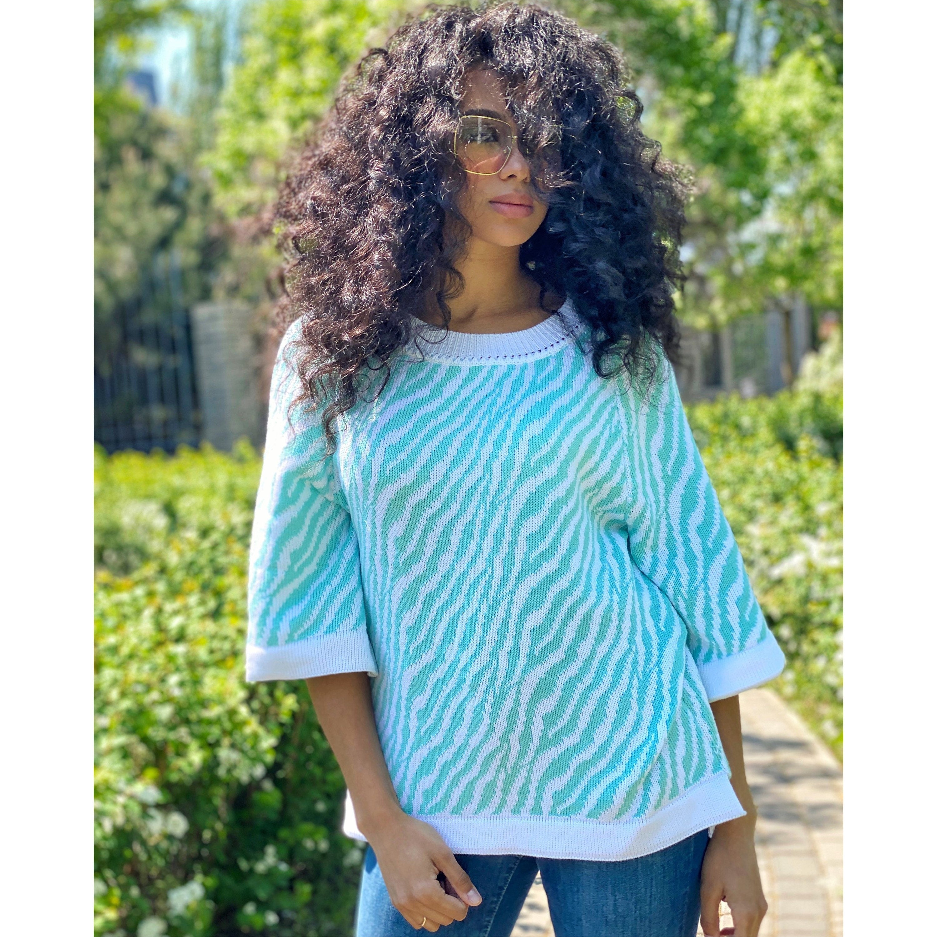Knit soft organic cotton bamboo sweater Zebra print sweater short sleeve White green animal print sweater half sleeve pullover for women