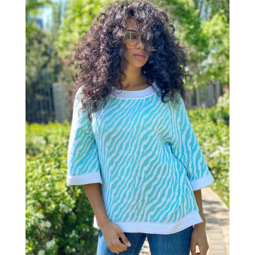 Knitted softy organic cotton sweater animal print pattern Zebra print pullover short sleeve White green half sleeve blouse for women