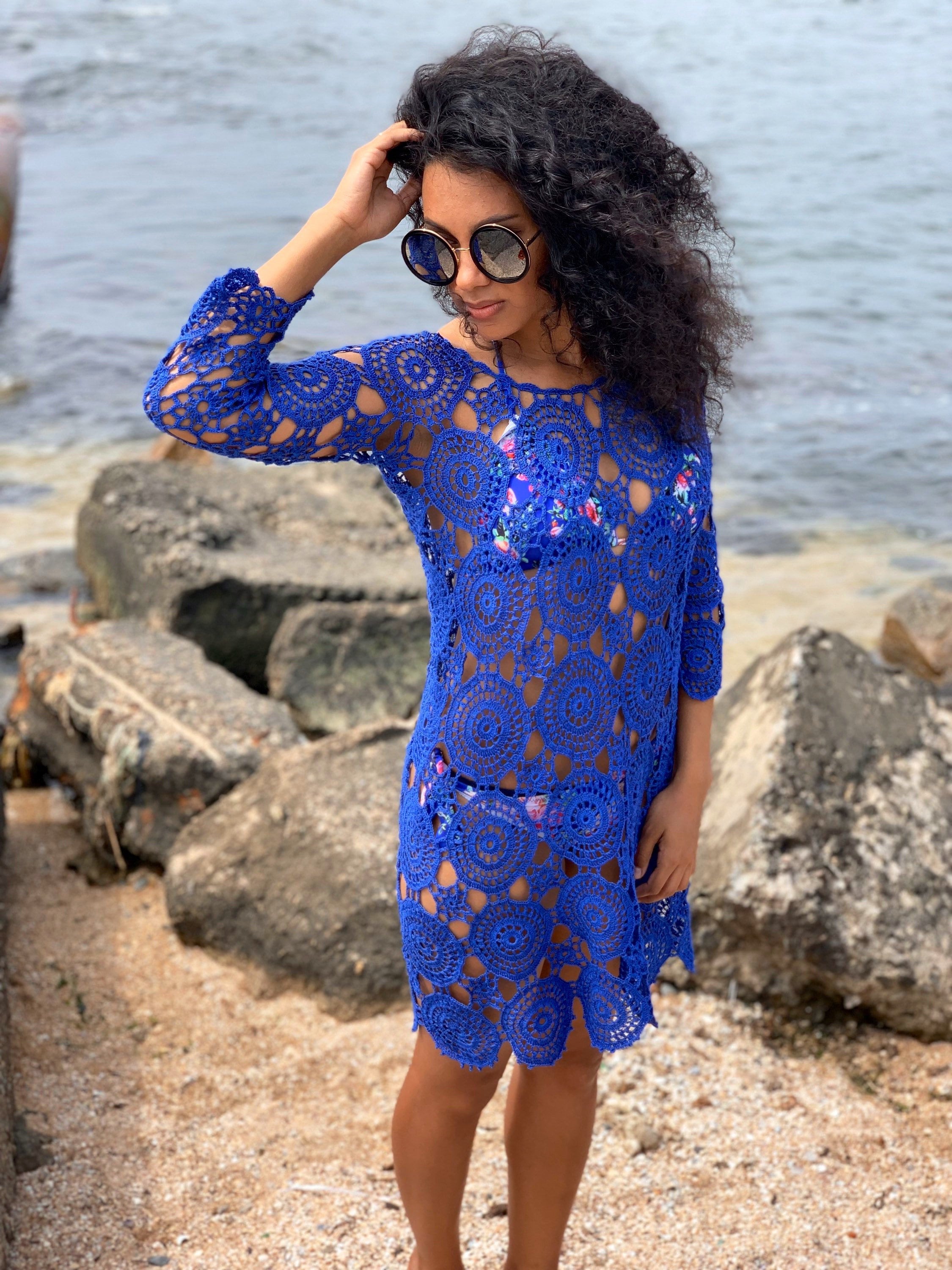 Crochet lace blue beach dress Cover-Ups Beach tunic cotton crochet tunic dress for beach vintage Beachwear Lace crochet dress